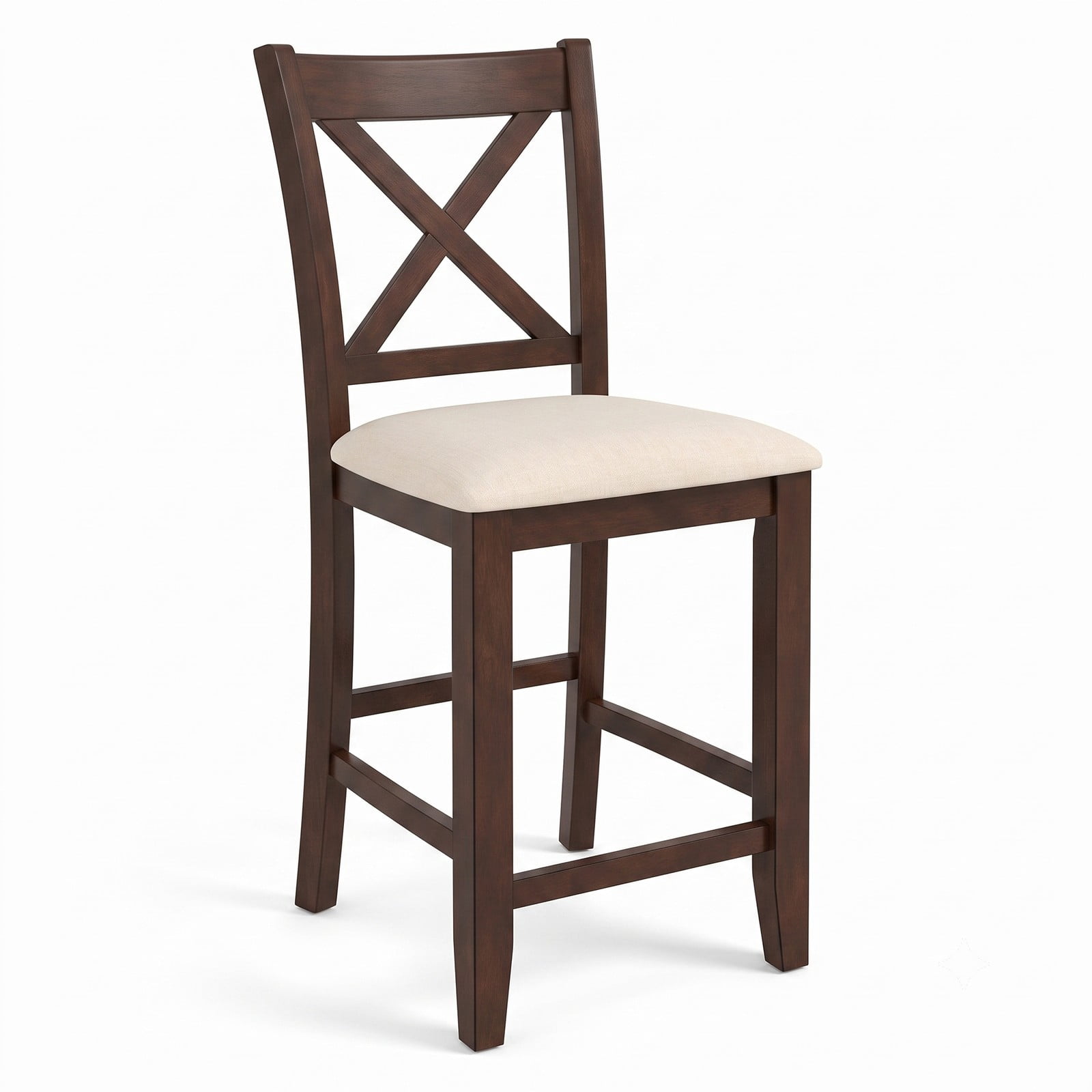 Furnibear Modern Farmhouse Counter Height Bar Stools Set of 2 with Footrest, Curved Slatted Back and Linen Cushioned Seat, 24 Inch Rubber Wood, Walnut and White