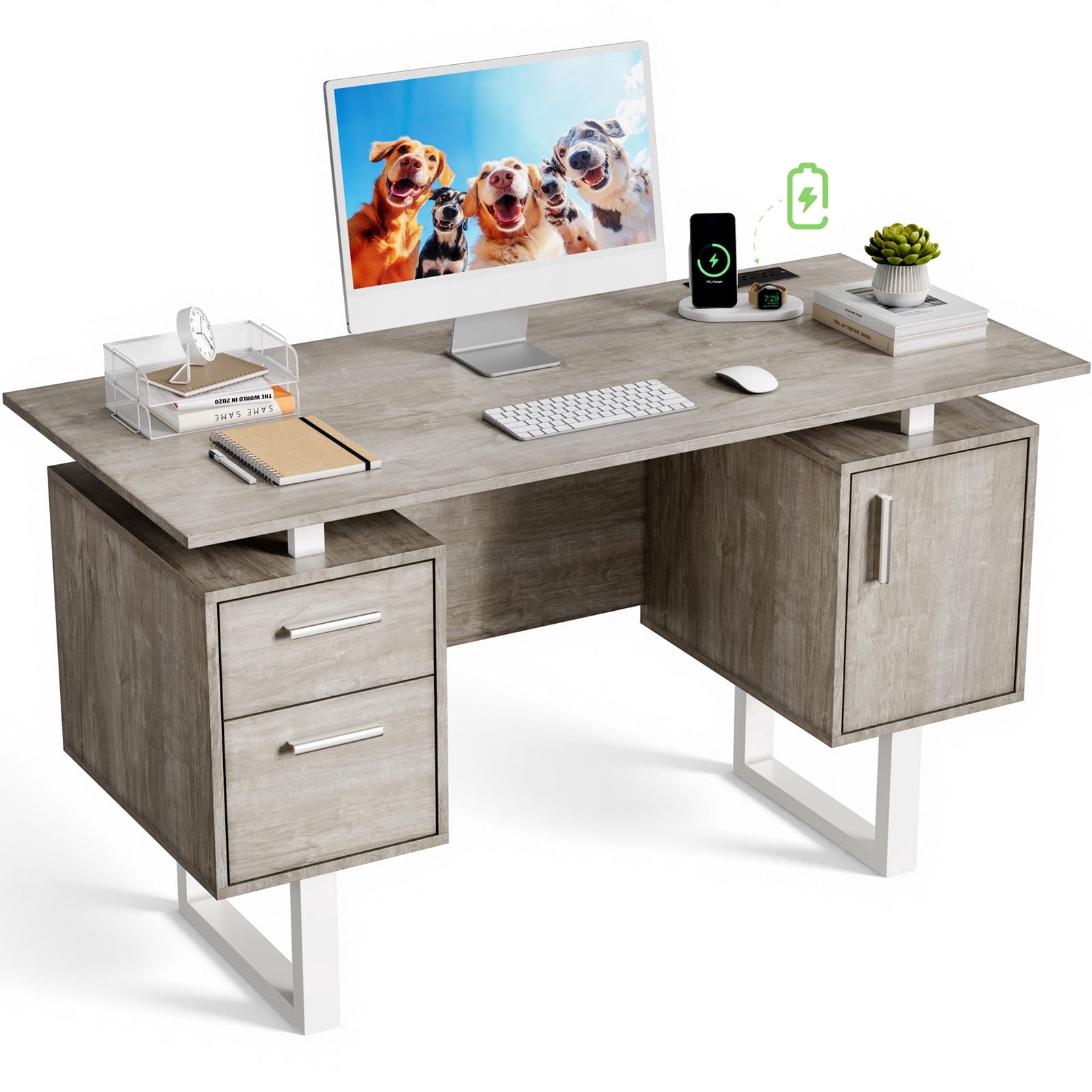Furnibear Computer Desk with 2 Drawers and Storage Cabinet, Modern Home Office Desk with Built-in Outlets, USB Ports, Gray