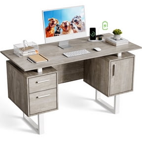 Furnibear Computer Desk with Drawers, Storage Cabinet with Built-in Outlets, USB Ports for Home Office, Washed Gray