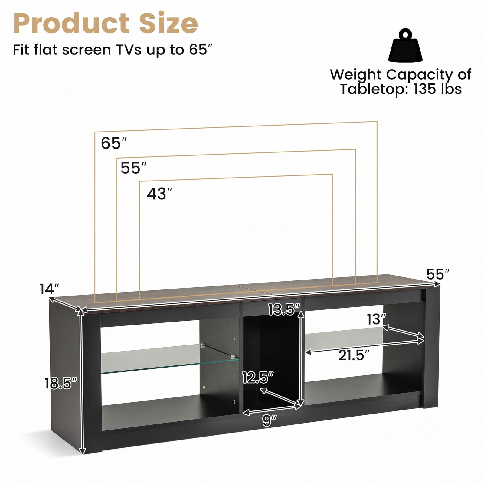Furnibear Modern LED TV Stand for TVs up to 65 inch, Wood Entertainment Center with Adjustable Tempered Glass Shelves, Cable Management and Open Storage, Brown