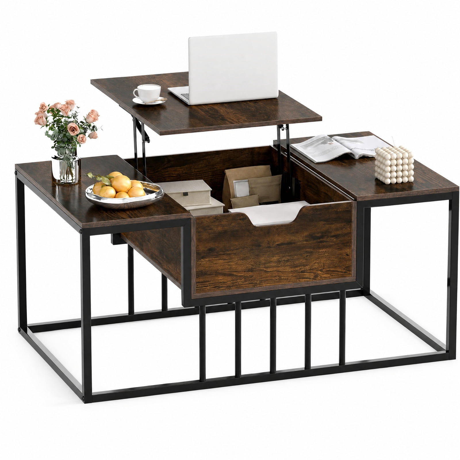 Furnibear Modern Lift Top Coffee Table with Hidden Storage Compartment Gas Struts and Powder-Coated Metal Tubes for Living Room, Rustic Brown