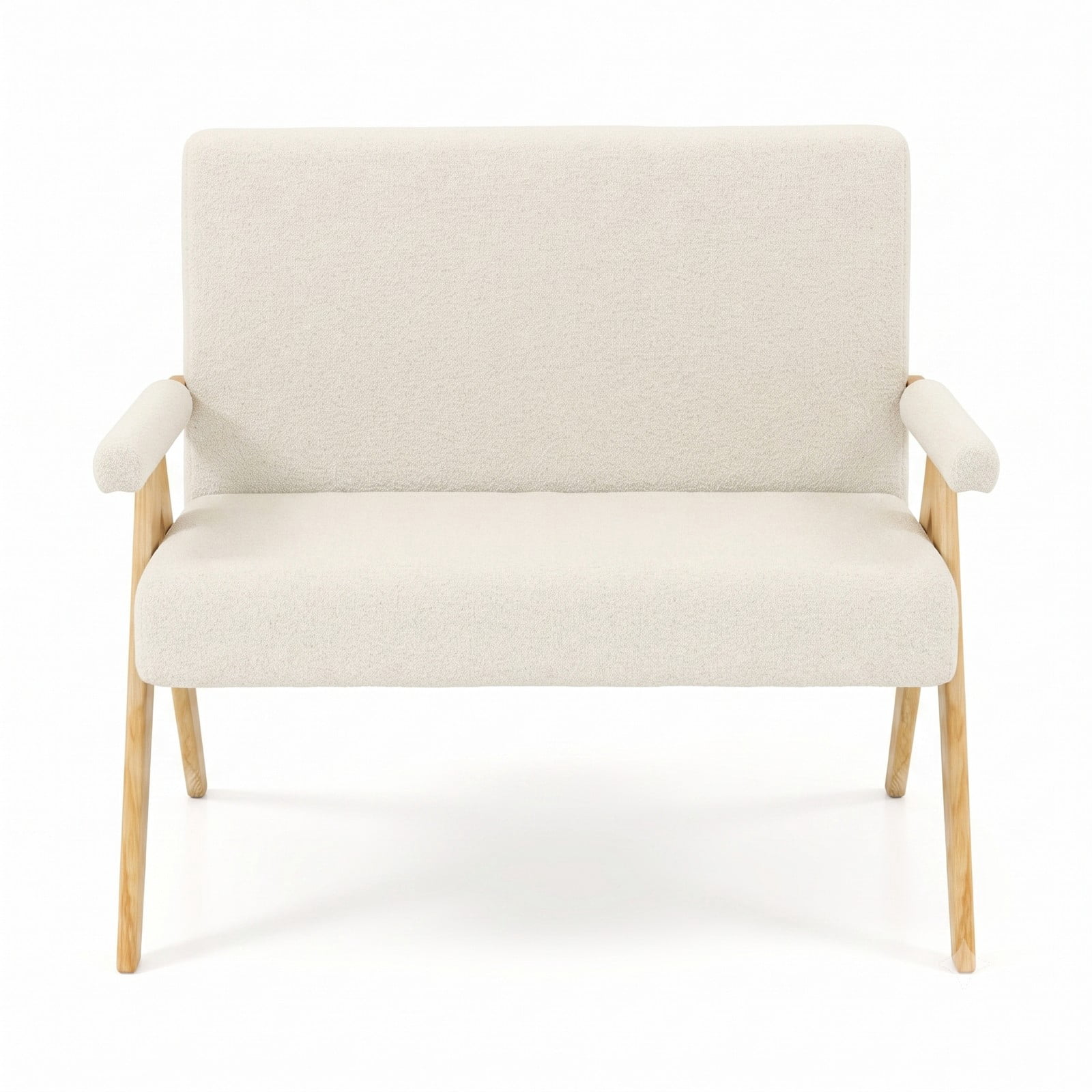 Furnibear Modern Loveseat Sofa, Small Space Upholstered 2-Seat Couch with Padded Armrests, Sherpa Fabric Loveseat with Solid Rubber Wood Legs for Living Room, Beige