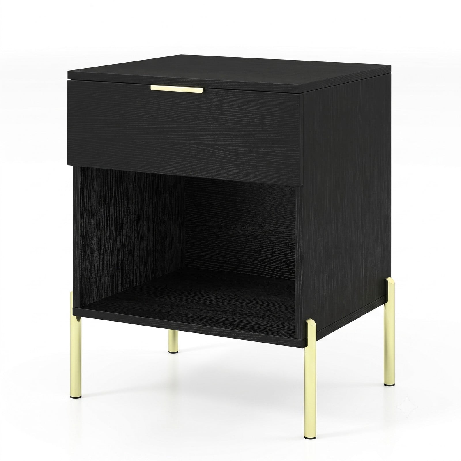 Furnibear Modern Nightstand with Charging Station for Bedroom, 1 Drawer and Open Compartment Bedside Table with Metal Legs, Black