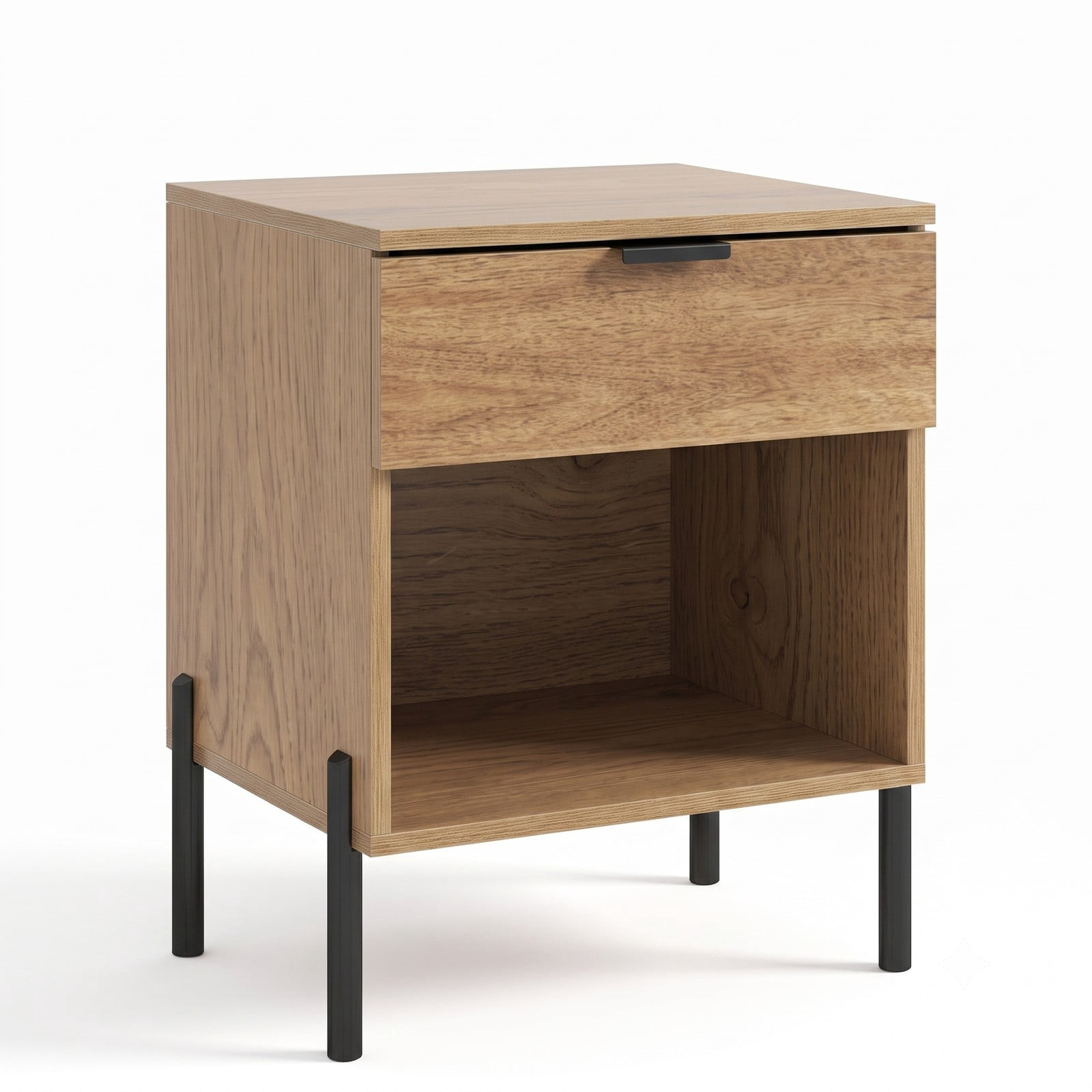 Furnibear Modern Nightstand with Charging Station for Bedroom, 1 Drawer and Open Compartment Bedside Table with Metal Legs, Natural
