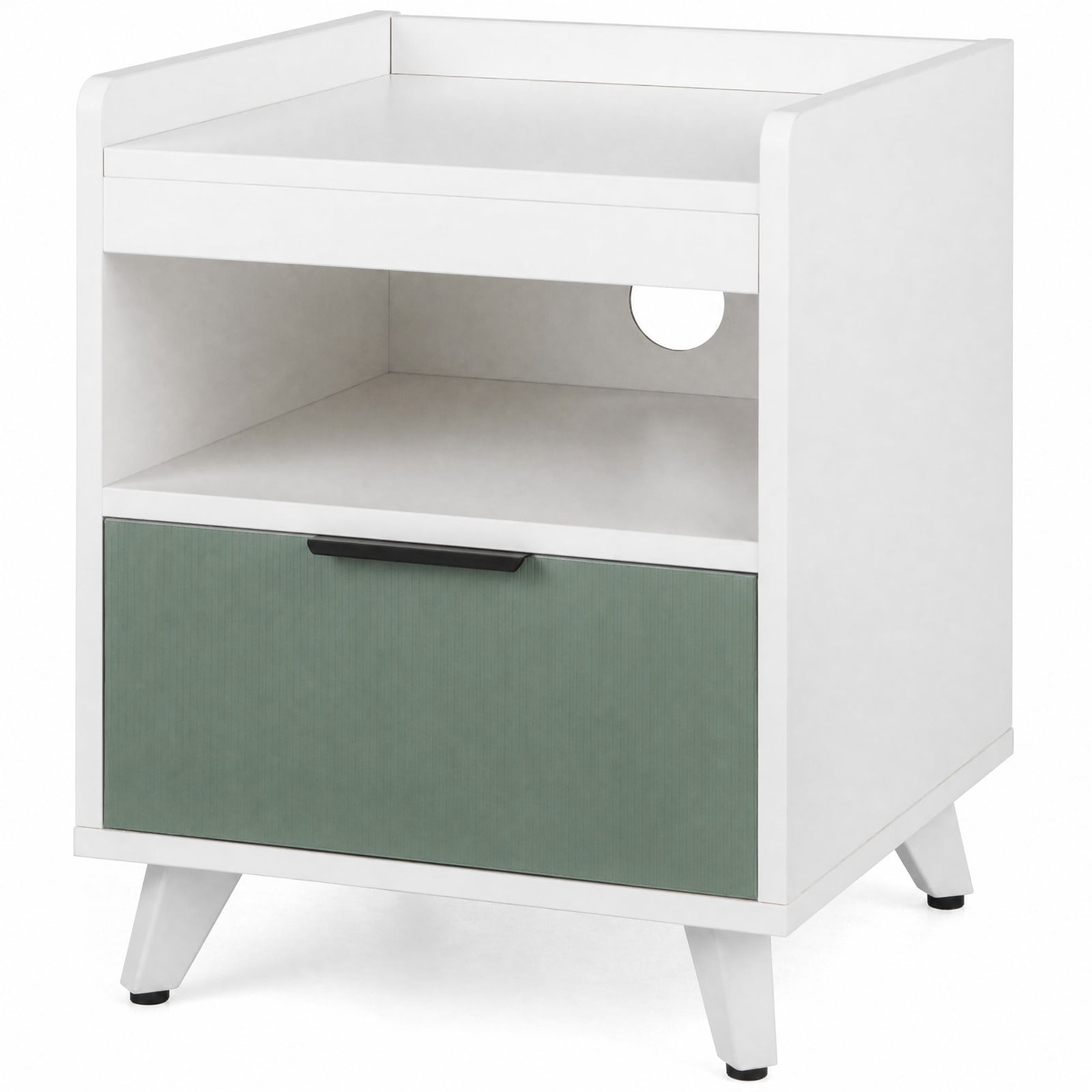 Furnibear Modern Nightstand with LED Lights Sliding Drawer and Open Compartment for Bedroom Living Room Bedside Sofa Side Small Space, White