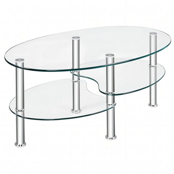 Furnibear Modern Oval Tempered Glass Coffee Table | 3-Tier Shelf with Stainless Steel Legs | Space-Saving Clear Design for Living Room