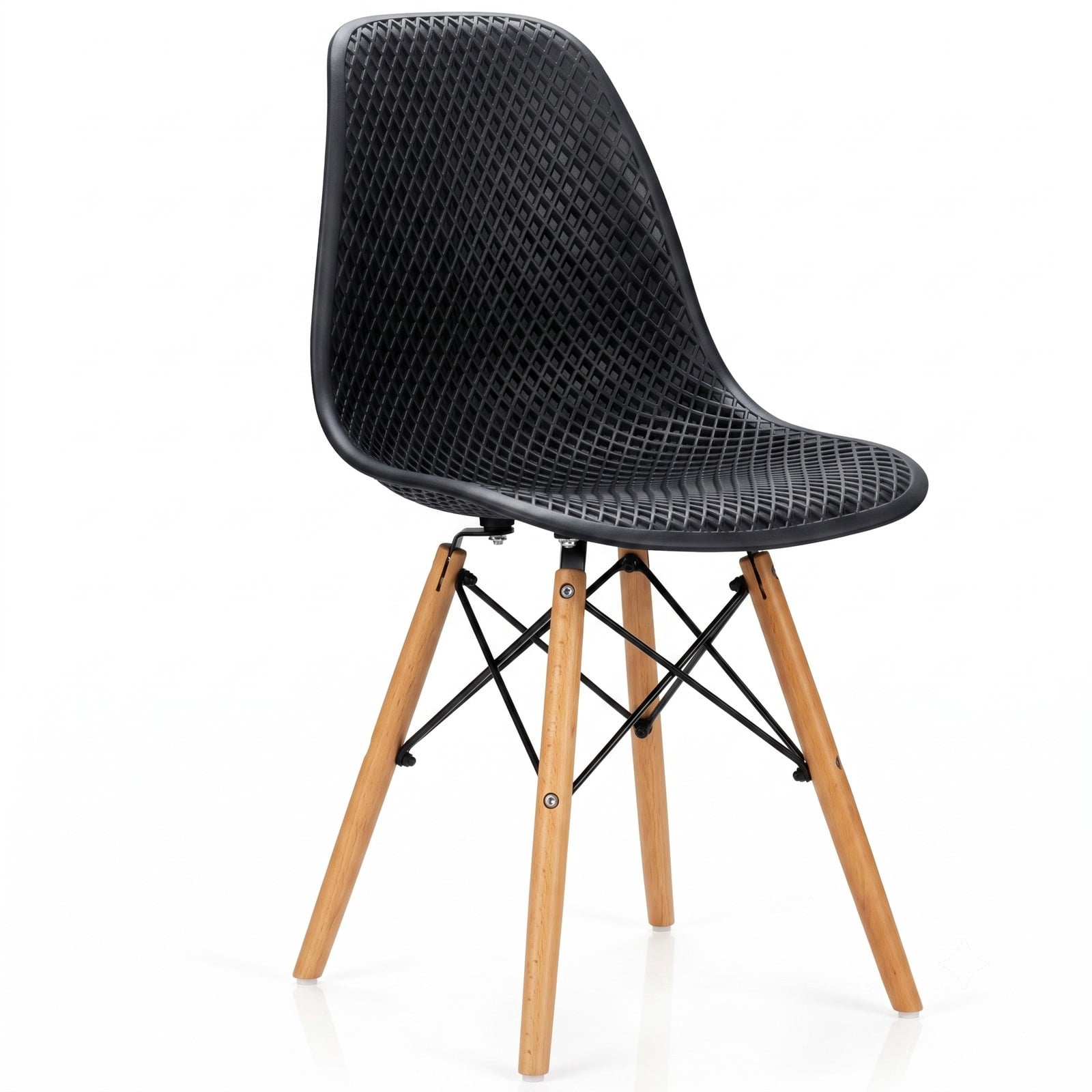 Furnibear Modern Plastic Dining Chair Set of 4, Mid-Century Hollow Kitchen Side Chairs with Solid Beech Wood Legs, Breathable Mesh Back, Waterproof Seat for, Black