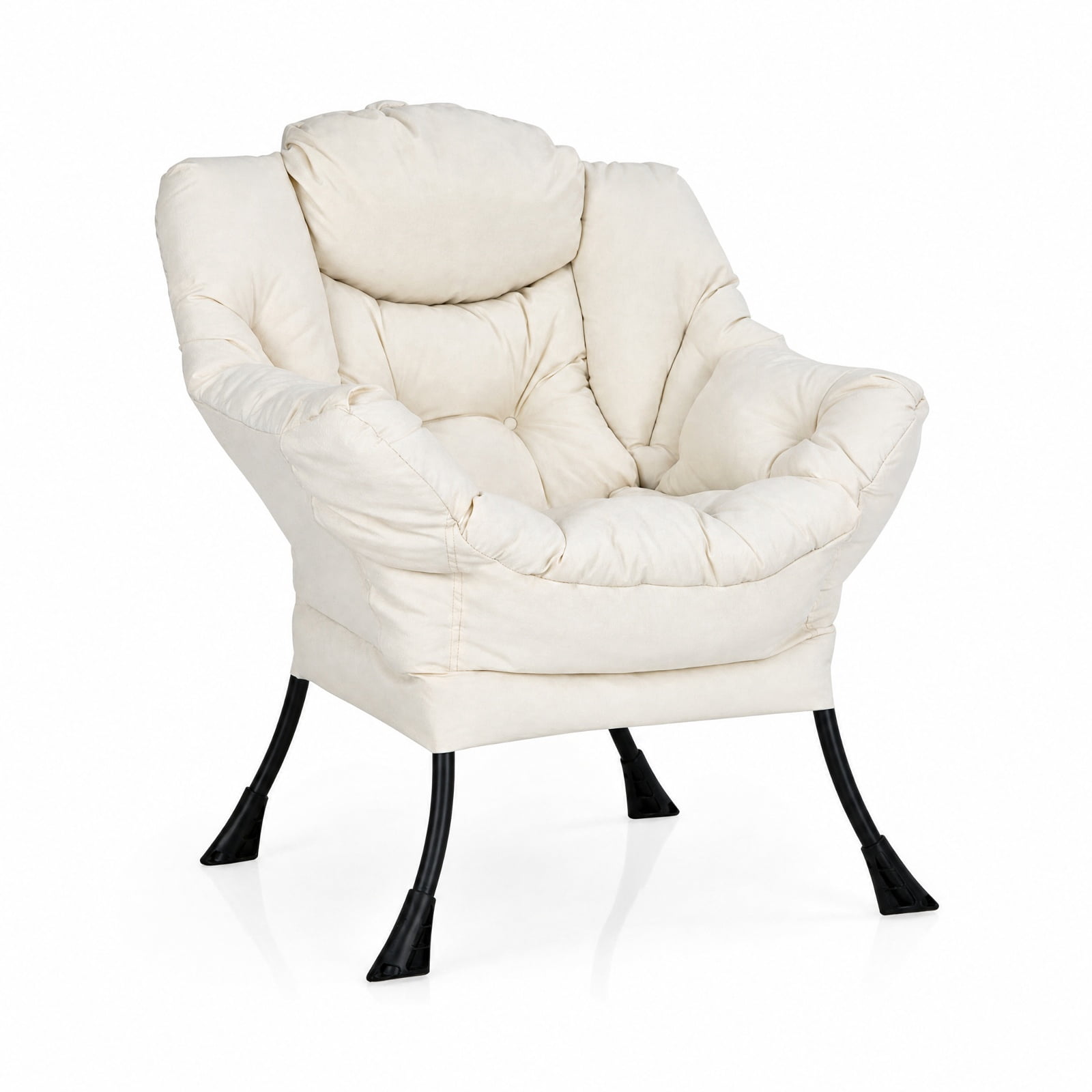 Furnibear Modern Polyester Fabric Lazy Chair with Integrated Headrest Deep Seat Side Pocket and Rust-Resistant Steel Frame for Living Room, Beige