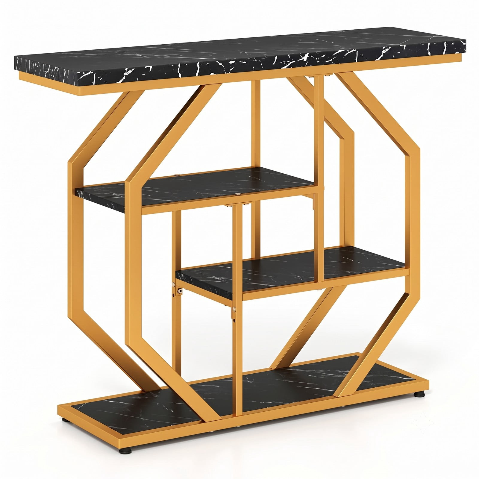 Furnibear Modern Sofa Table Behind Couch 4-Tier Console Table with Faux Marble Tabletop and Open Shelves, Black and Gold