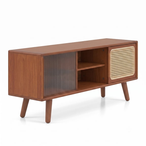 Furnibear Modern TV Stand for TVs up to 55 Inch, Bamboo Entertainment Center with Rattan Tempered Glass Sliding Doors, Adjustable Shelf & Cable, Natural Brown