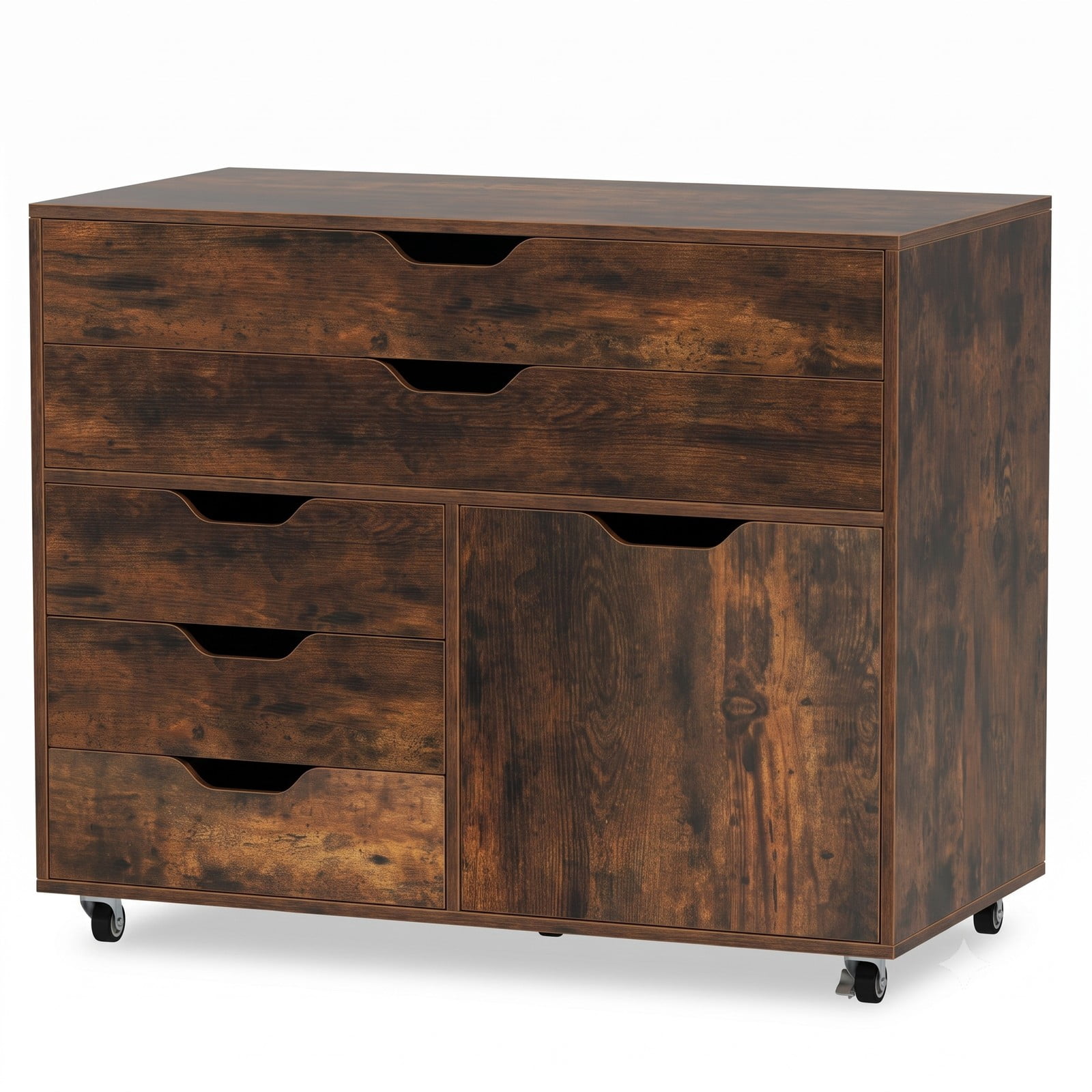 Furnibear Modern Vertical 5-Drawer Mobile Chest with Door, Rolling Storage Cabinet Dresser with 5 Lockable Swivel Casters, Wood File Cabinet Organizer for Home, Brown