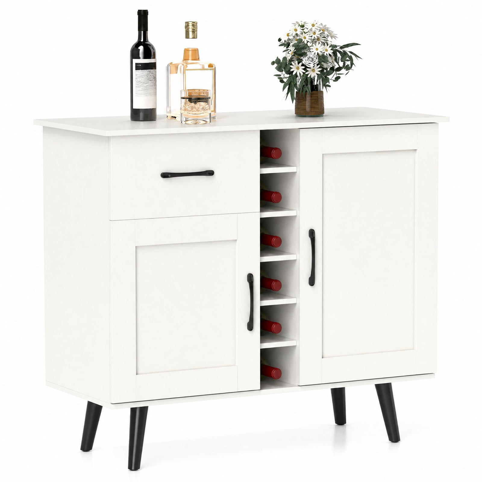 Furnibear Modern Wine Bar Buffet Cabinet with 6-Bottle Wine Rack for Kitchen Dining Living Room Buffet Storage Server, White