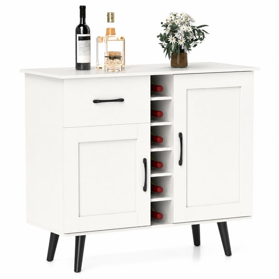 Furnibear Modern Wine Bar Buffet Cabinet with 6-Bottle Wine Rack for Kitchen Dining Living Room Buffet Storage Server, White