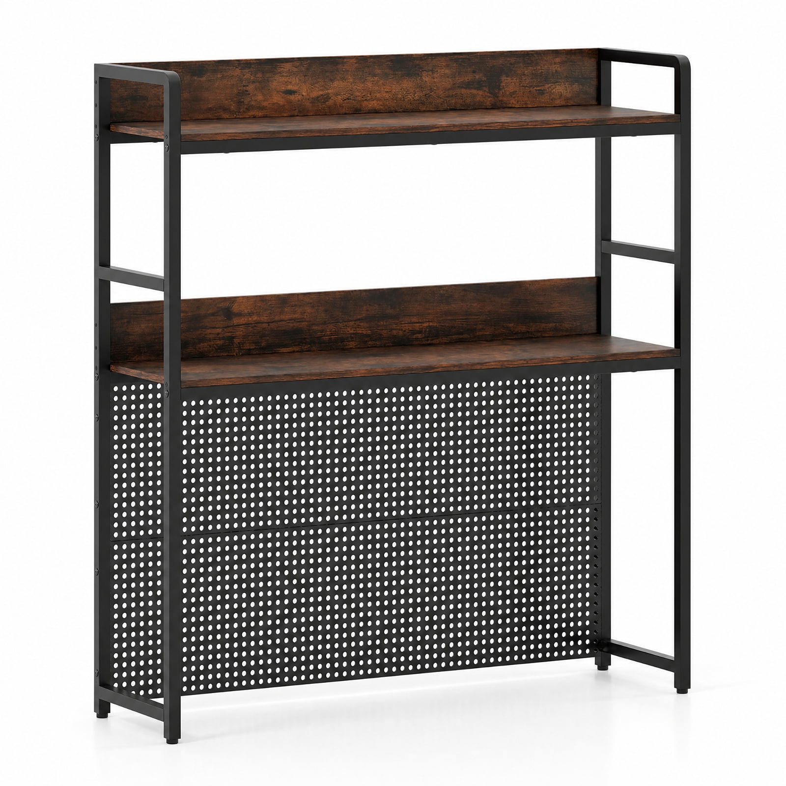 Furnibear Multipurpose 2-Tier Desktop Bookshelf with Pegboard for up to 32 Inch Computer Monitor for Living Room Home Office Bedroom, Rustic Brown