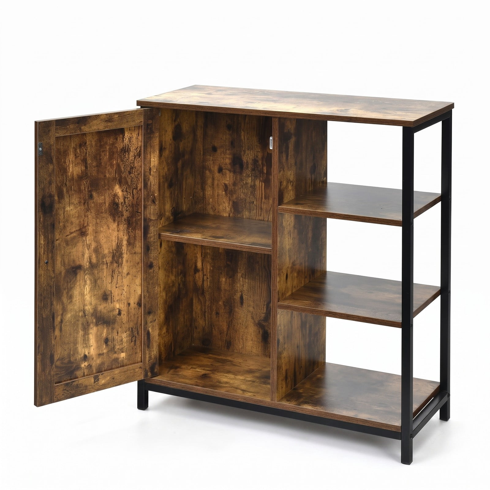 Furnibear Multipurpose Freestanding Storage Cabinet with 3 Open Shelves and 2 Doors, Industrial Wood Metal Accent Storage Cabinet for Living Room, Rustic Brown Black