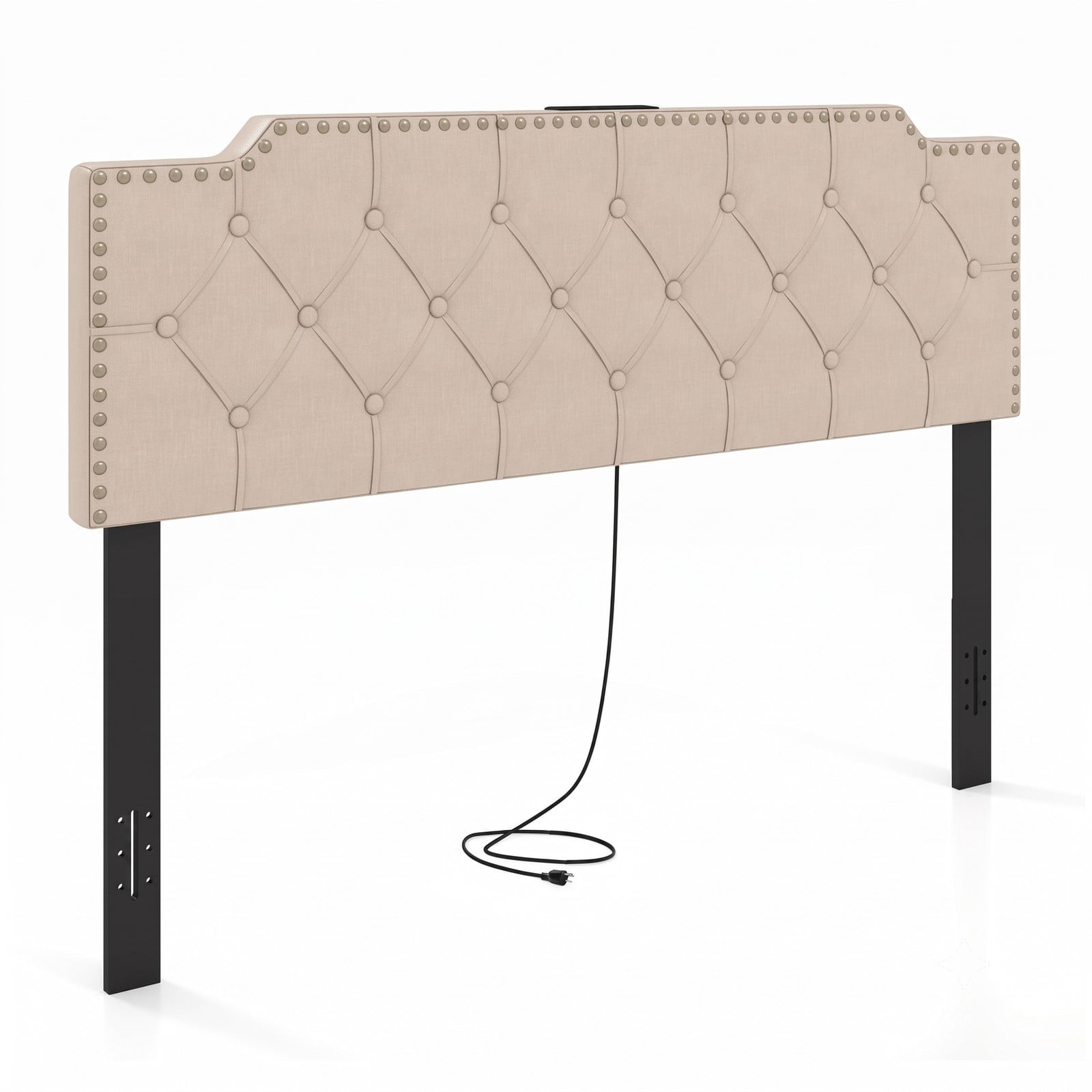 Furnibear Nailhead Trim Tufted Upholstered Headboard with 2 AC Outlets and USB and Type-C Ports for Full and Queen Beds, Beige