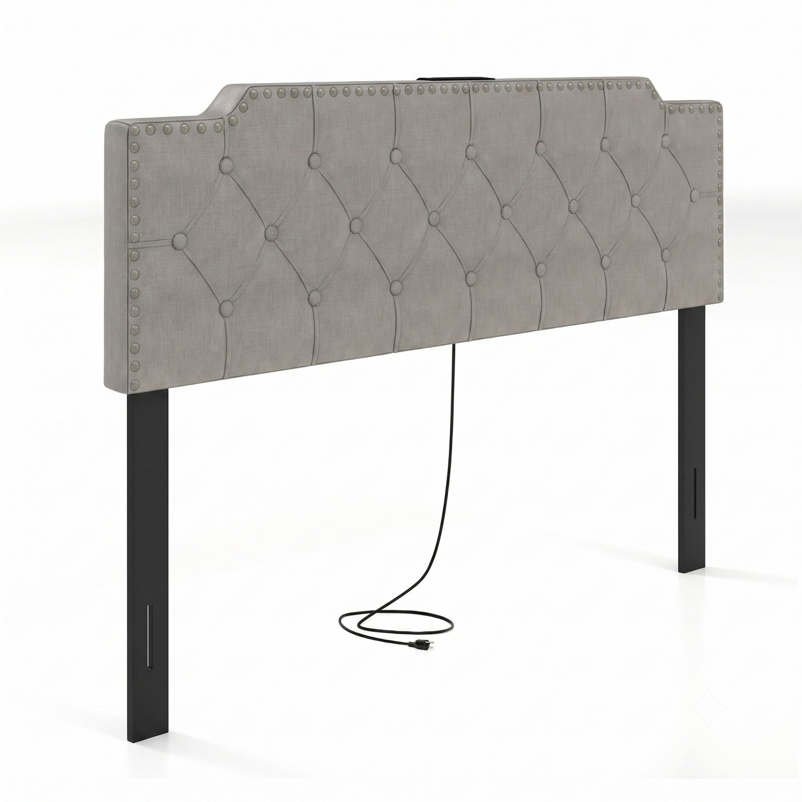Furnibear Nailhead Trim Tufted Upholstered Headboard with 2 AC Outlets and USB and Type-C Ports for Full and Queen Beds, Gray