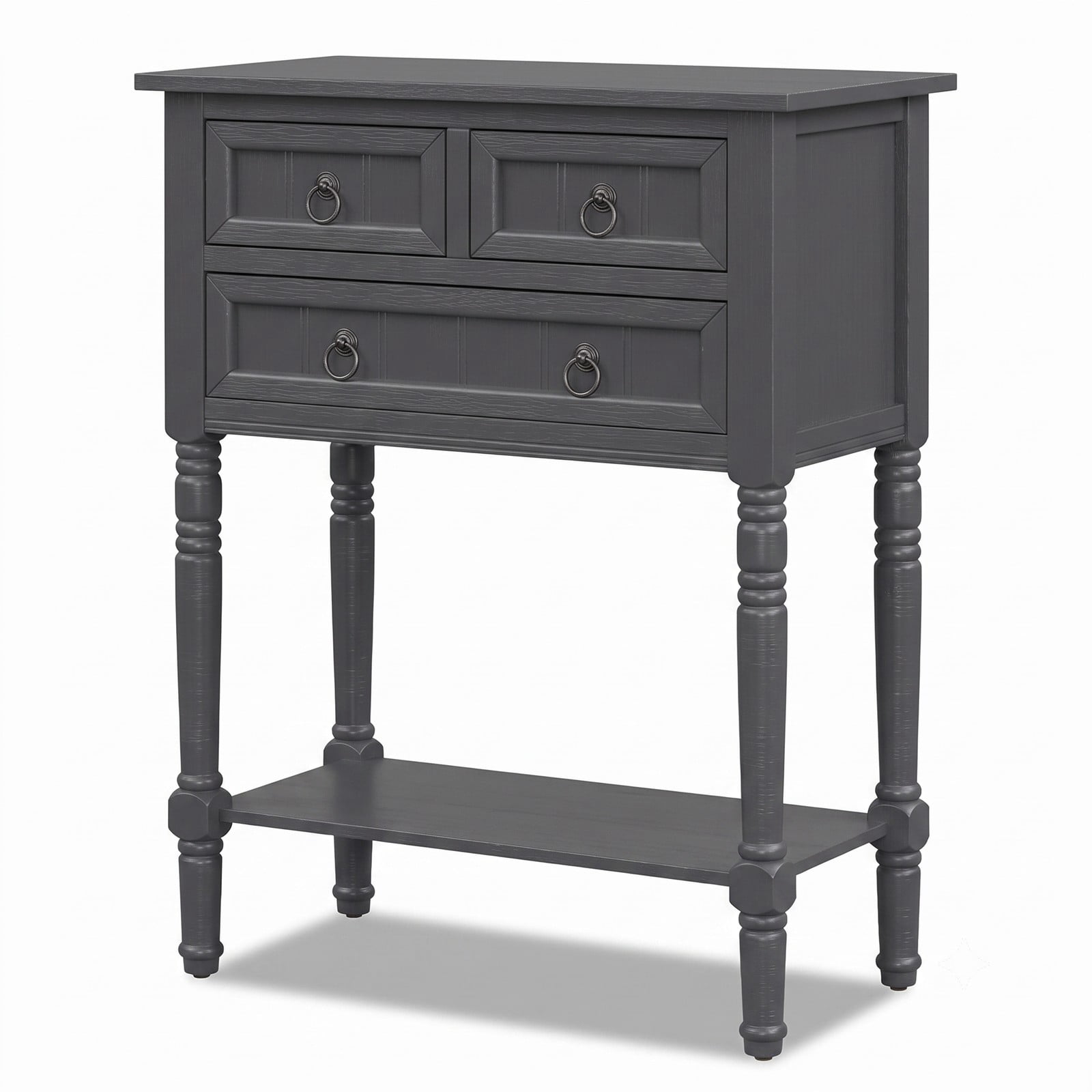 Furnibear Narrow Console Table with 3 Storage Drawers and Open Bottom Shelf and Turned Legs for Entryway and Hallway, Dark Gray