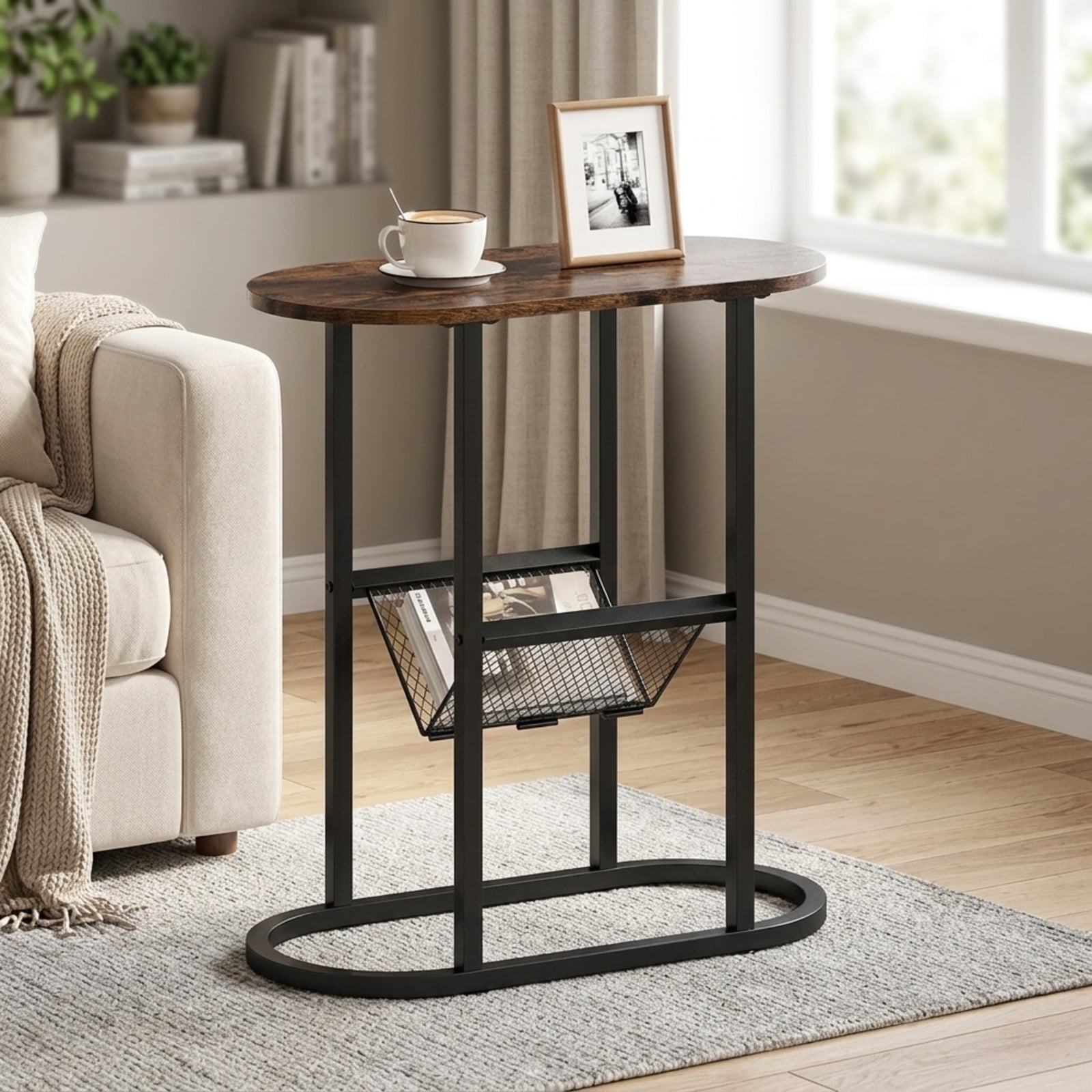 Furnibear Narrow Oval End Table with Mesh Storage Shelf and Steel Frame for Small Spaces Bedside and Sofa Living Room, Rustic Brown