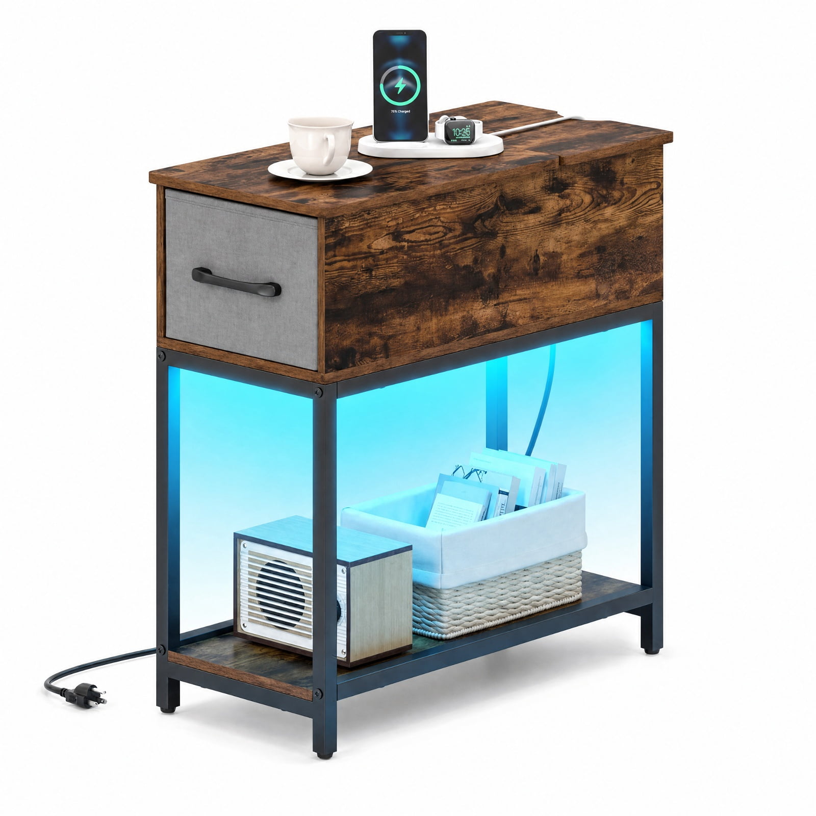 Furnibear Narrow Side Table with Charging Station LED Lights and Fabric Drawer Industrial End Table for Living Room Bedroom Sofa Side, Brown