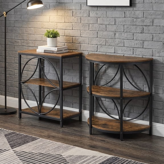 Furnibear Narrow Side Table with Sturdy Metal Frame and Storage Shelves, Rustic Brown