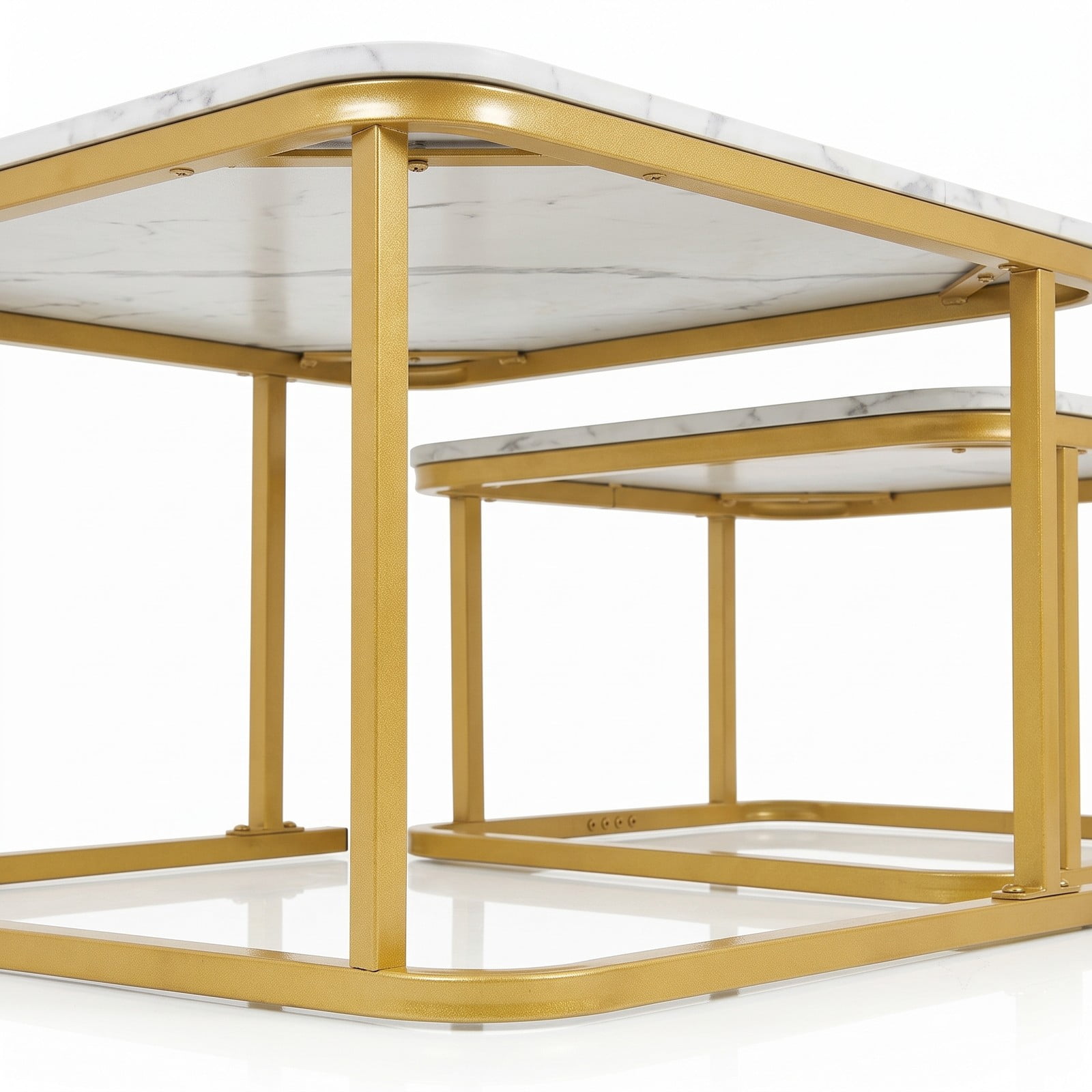 Furnibear Nesting Coffee Table Set of 2, Faux Marble Top Round-Corner Cocktail Tables with Powder-Coated Metal Frame, Stackable Space-Saving Side End, White & Gold