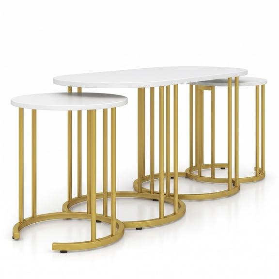 Furnibear Nesting Coffee Table Set of 3, Faux Marble Coffee Tables with Powder-Coated Gold Metal Frame, Modern Space-Saving Stackable End Side Tables for, White & Gold