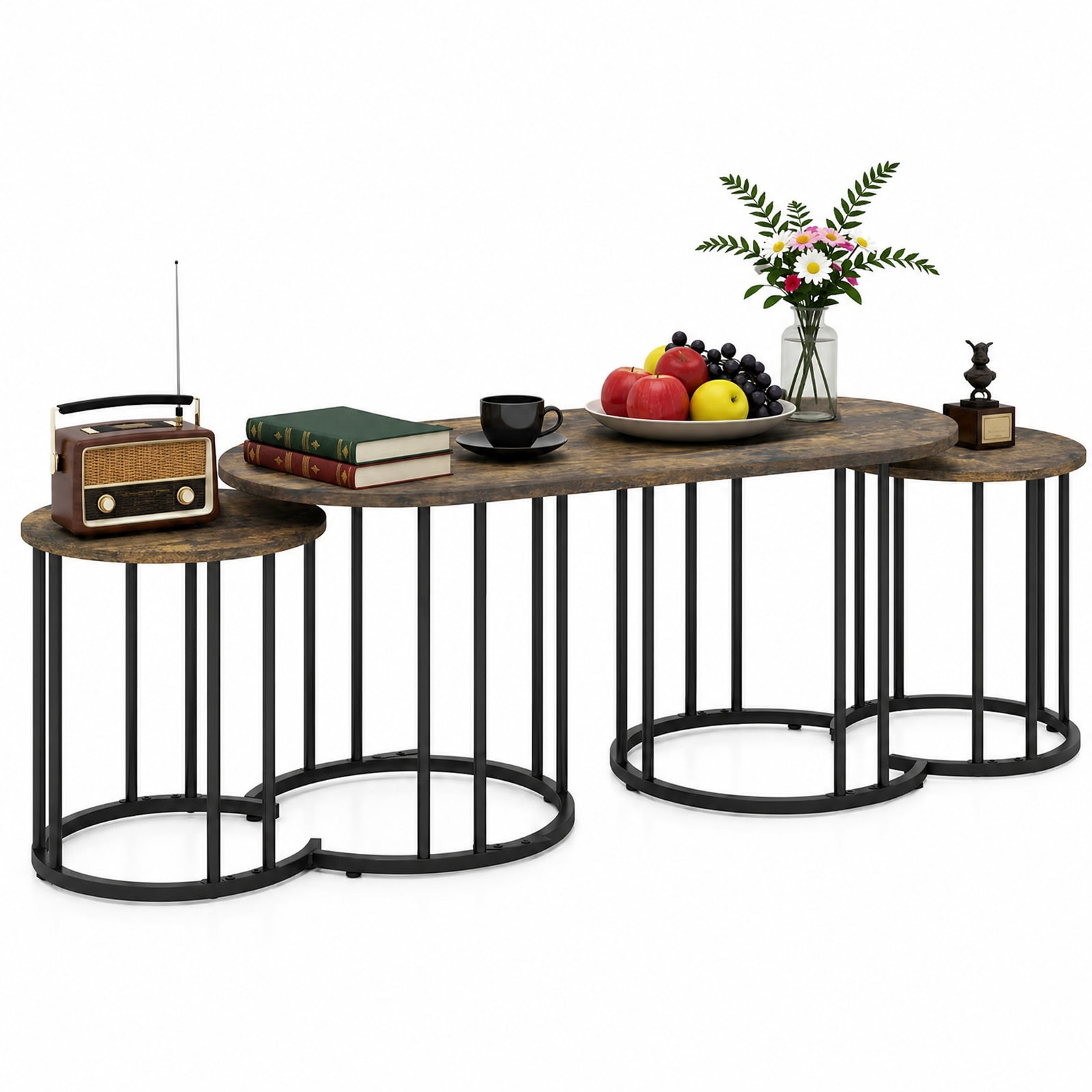 Furnibear Nesting Coffee Table Set of 3 with Wood Grain Tabletop and Powder Coated Black Metal Frame for Living Room, Rustic Brown