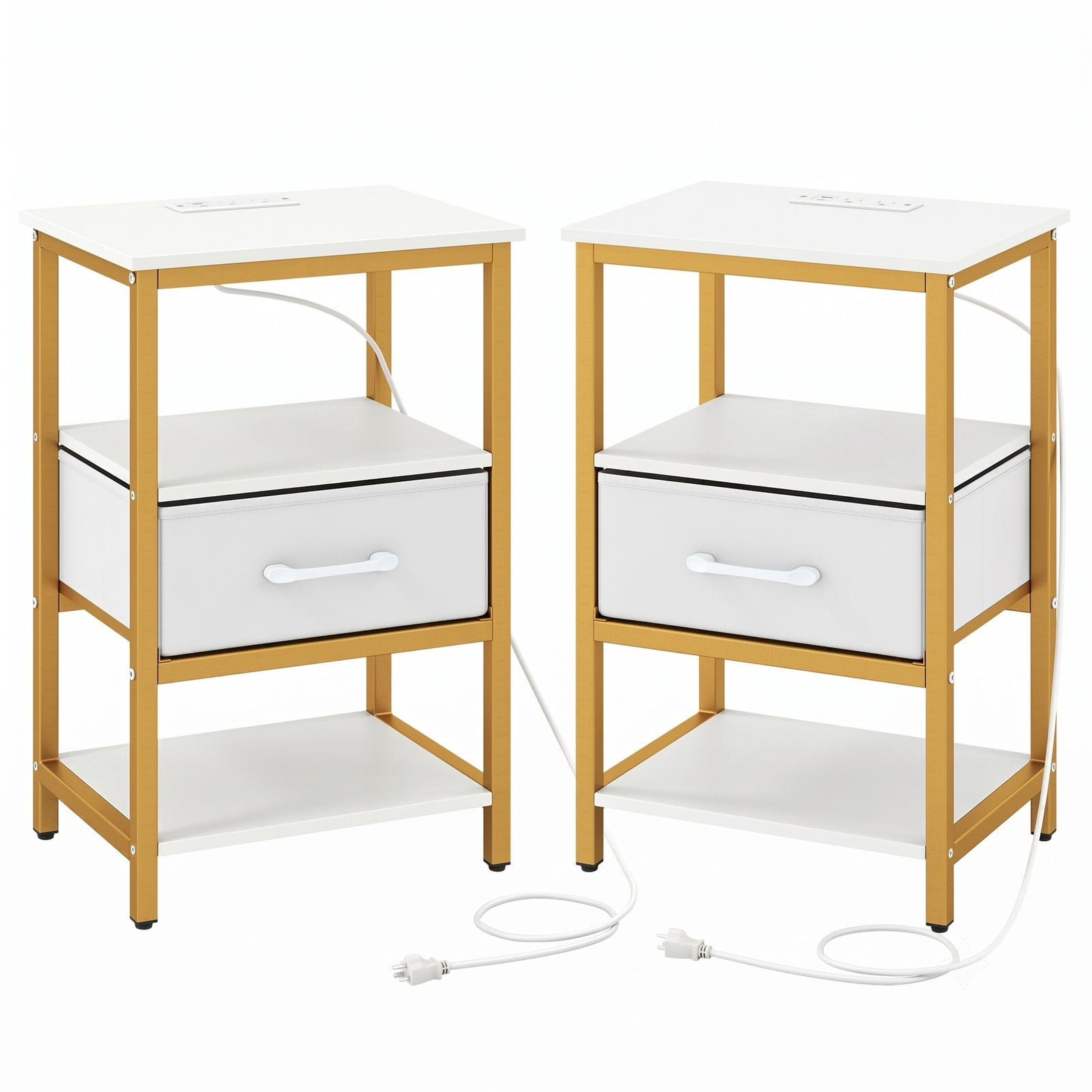 Furnibear Nightstand Set of 2 with Charging Station and Foldable Fabric Drawer and Open Shelves for Bedroom and Living Room, White and Gold