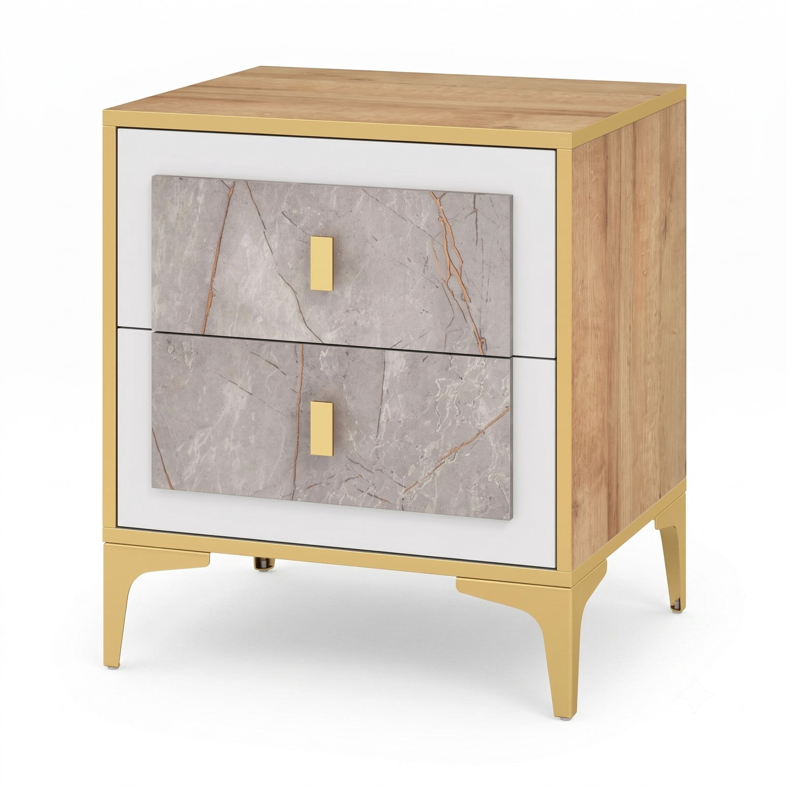 Furnibear Nightstand with 2 Pull-out Drawers and Metal Legs, Modern Bedside Table with Marble-pattern Fronts for Bedroom and Living Room, Natural