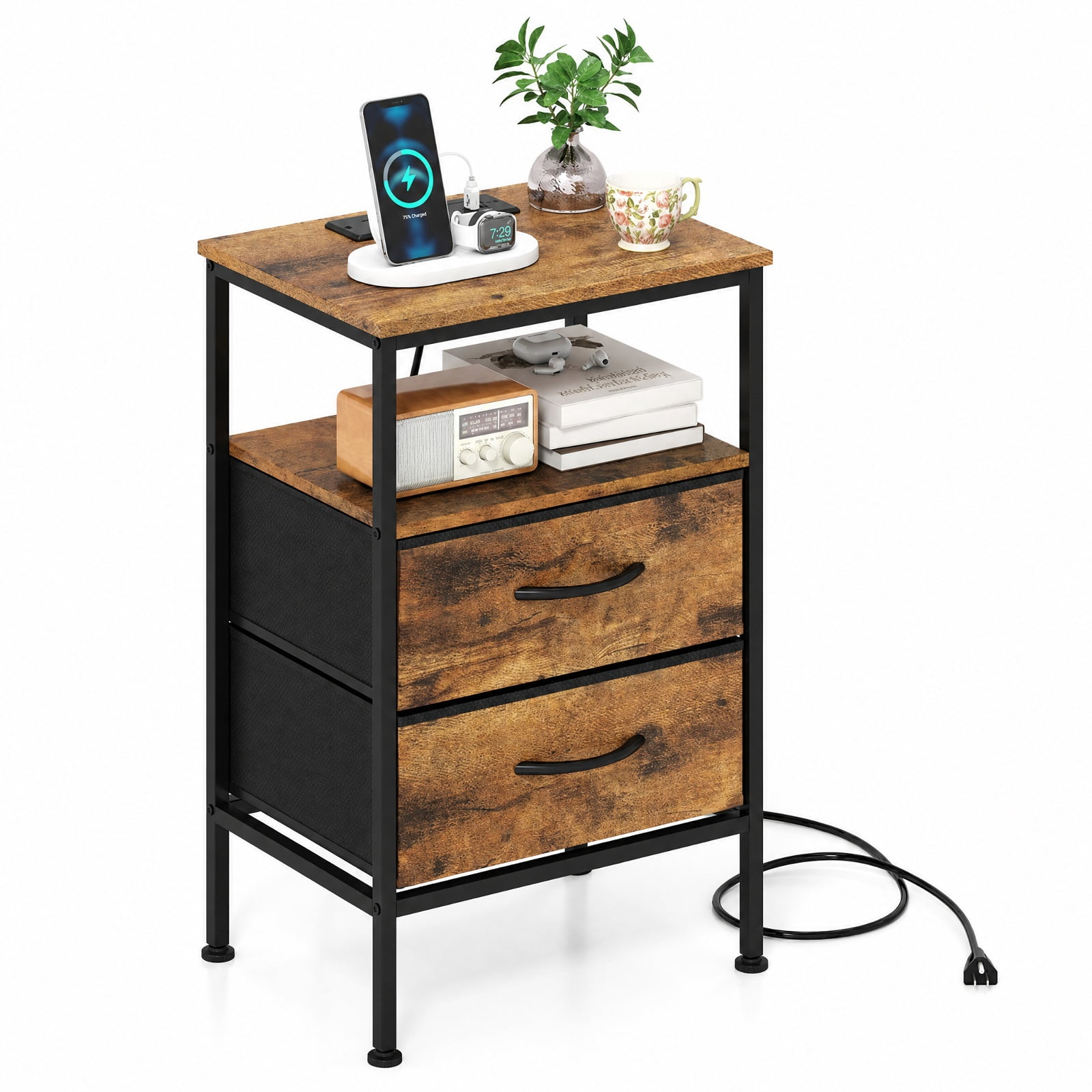 Furnibear Nightstand with Charging Station 24.5 inch Modern Bedside Table with 2 Fabric Drawers for Bedroom Living Room Bedside Sofa, Rustic Brown