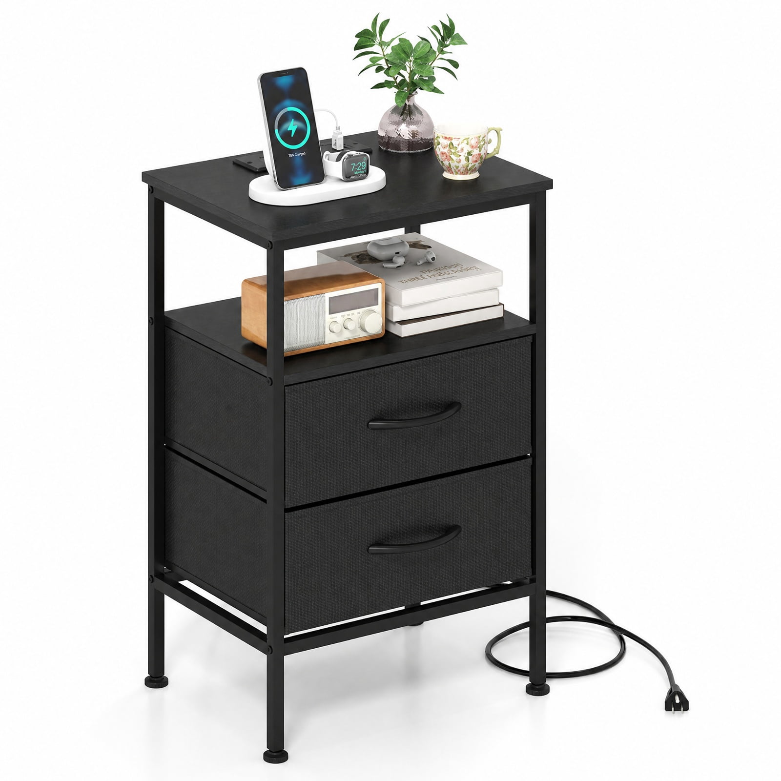 Furnibear Nightstand with Charging Station 24.5 inch Modern Bedside Table with 2 Fabric Drawers for Bedroom Living Room Bedside Sofa Side, Black