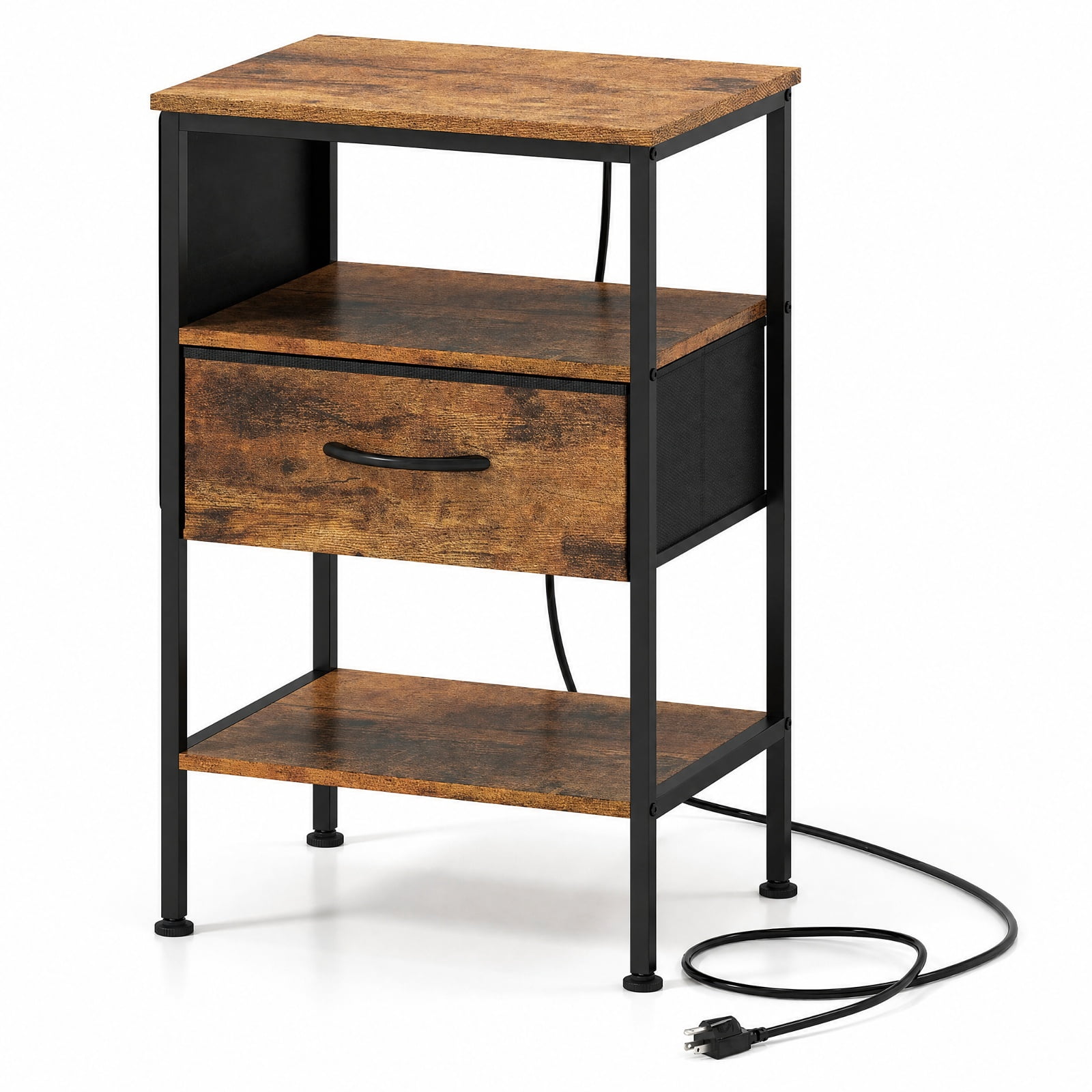 Furnibear Nightstand with Charging Station 24.5 inch Modern Bedside Table with Fabric Drawer for Bedroom Living Room Bedside Sofa Side, Rustic Brown