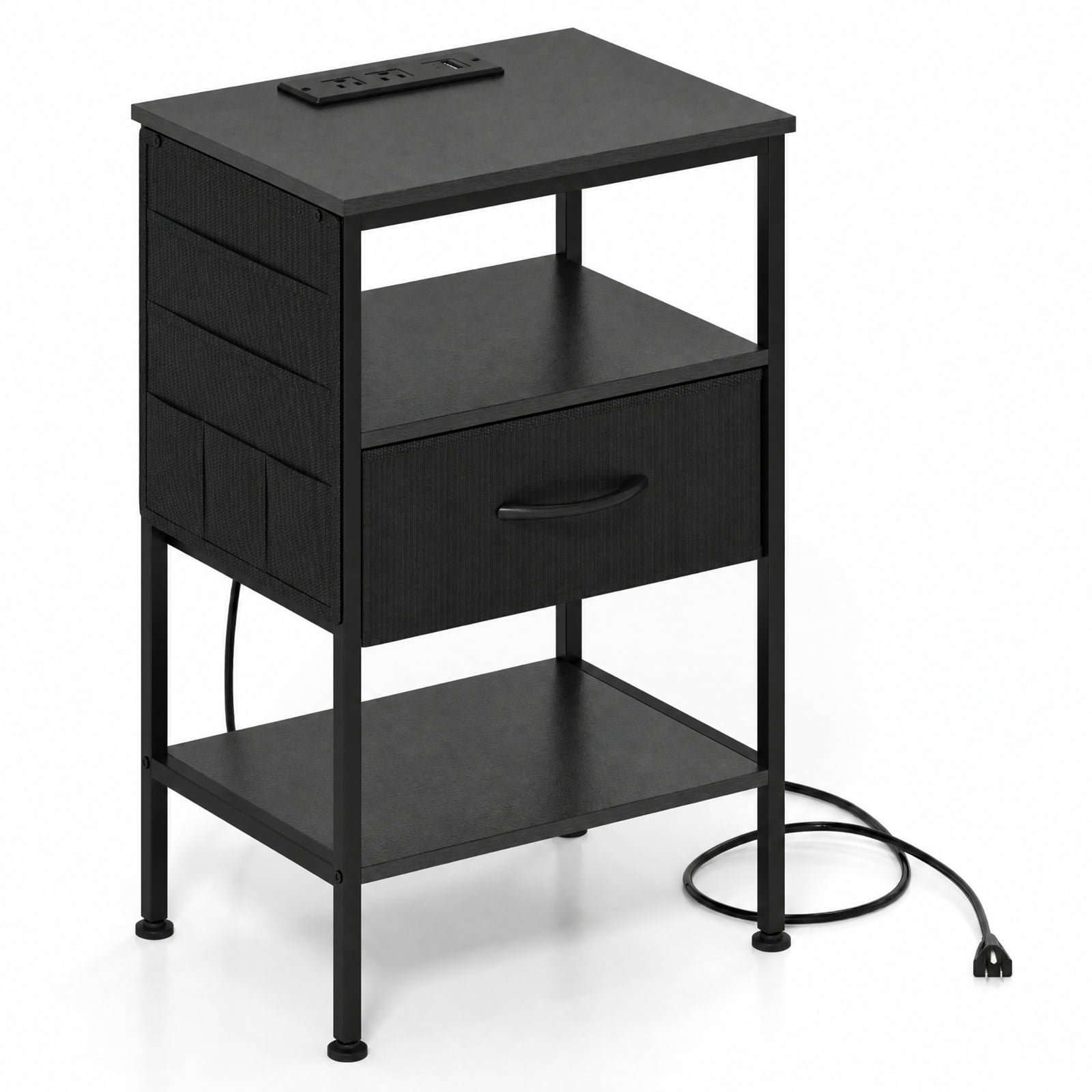 Furnibear Nightstand with Charging Station 24.5 inch Modern Bedside Table with Fabric Drawer for Bedroom Living Room Bedside Sofa Side Small, Black