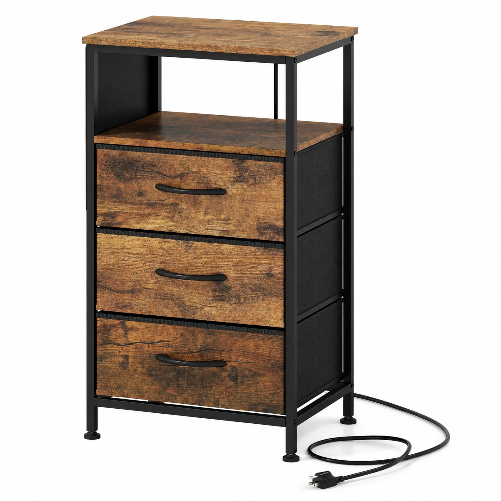 Furnibear Nightstand with Charging Station 27.5 inch Modern Bedside Table with 3 Fabric Drawers for Bedroom Living Room Bedside Sofa, Rustic Brown