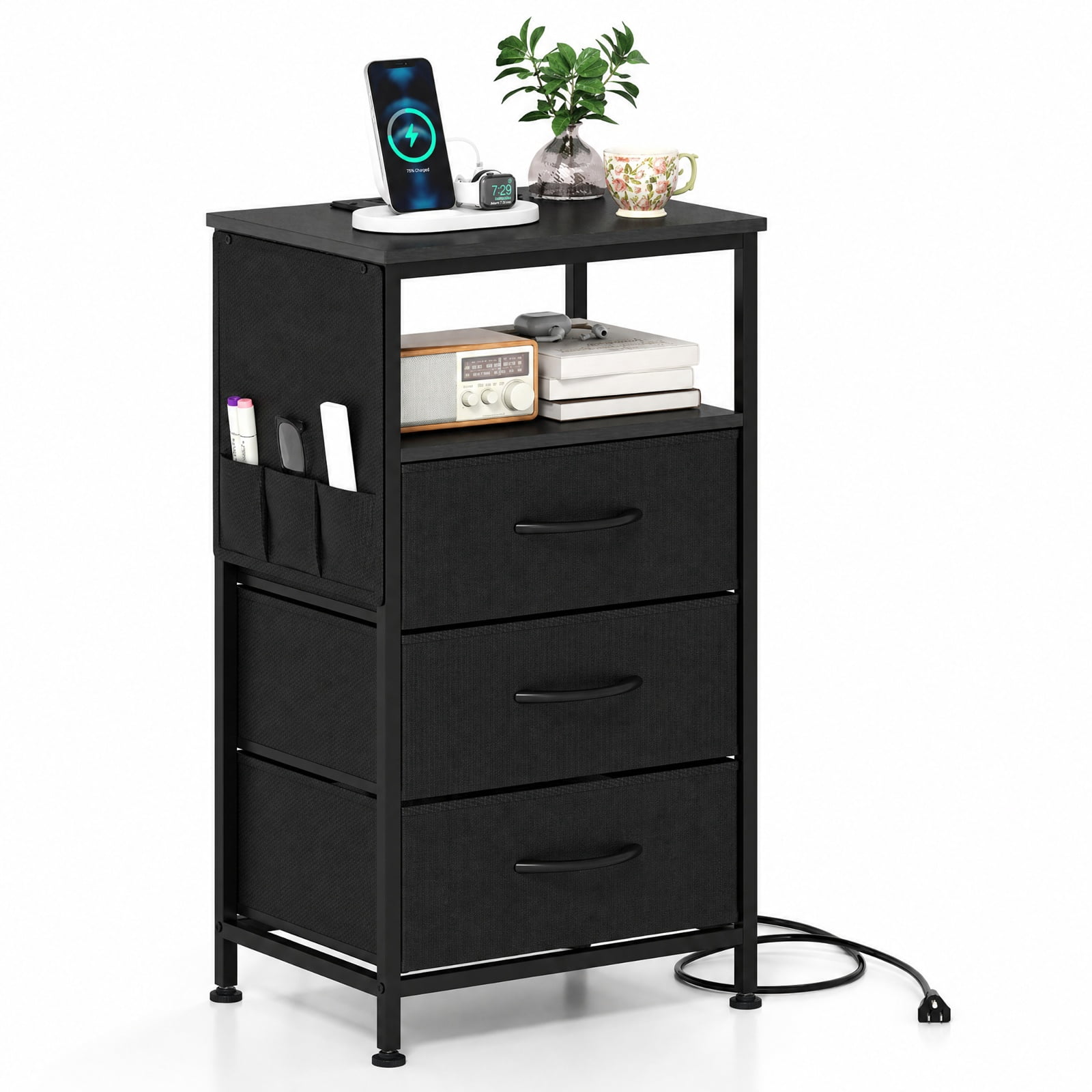 Furnibear Nightstand with Charging Station 27.5 inch Modern Bedside Table with 3 Fabric Drawers for Bedroom Living Room Bedside Sofa Side, Black