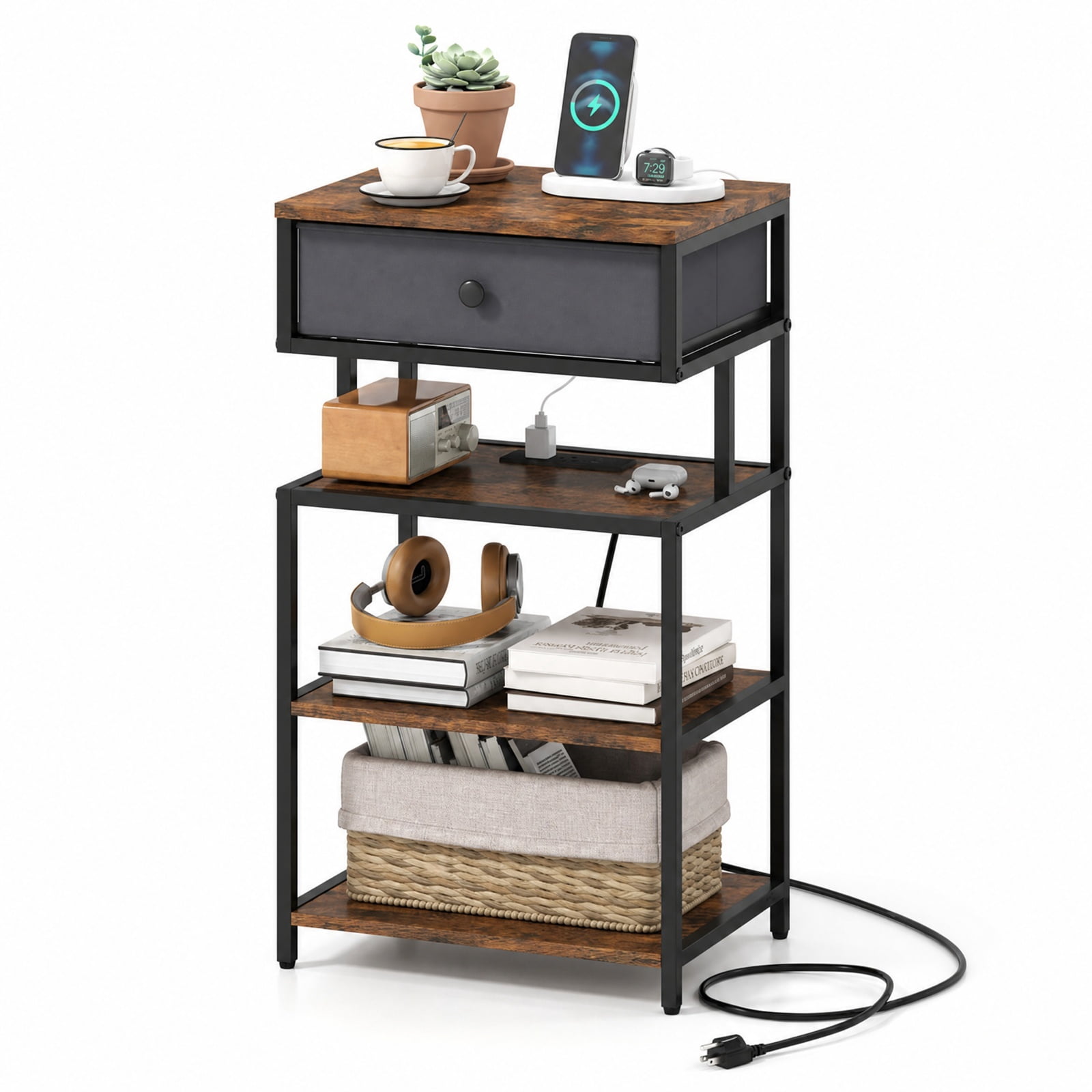 Furnibear Nightstand with Charging Station 28 Inch Tall Bedside Table with Fabric Drawer for Bedroom Living Room Bedside Sofa Side, Rustic Brown
