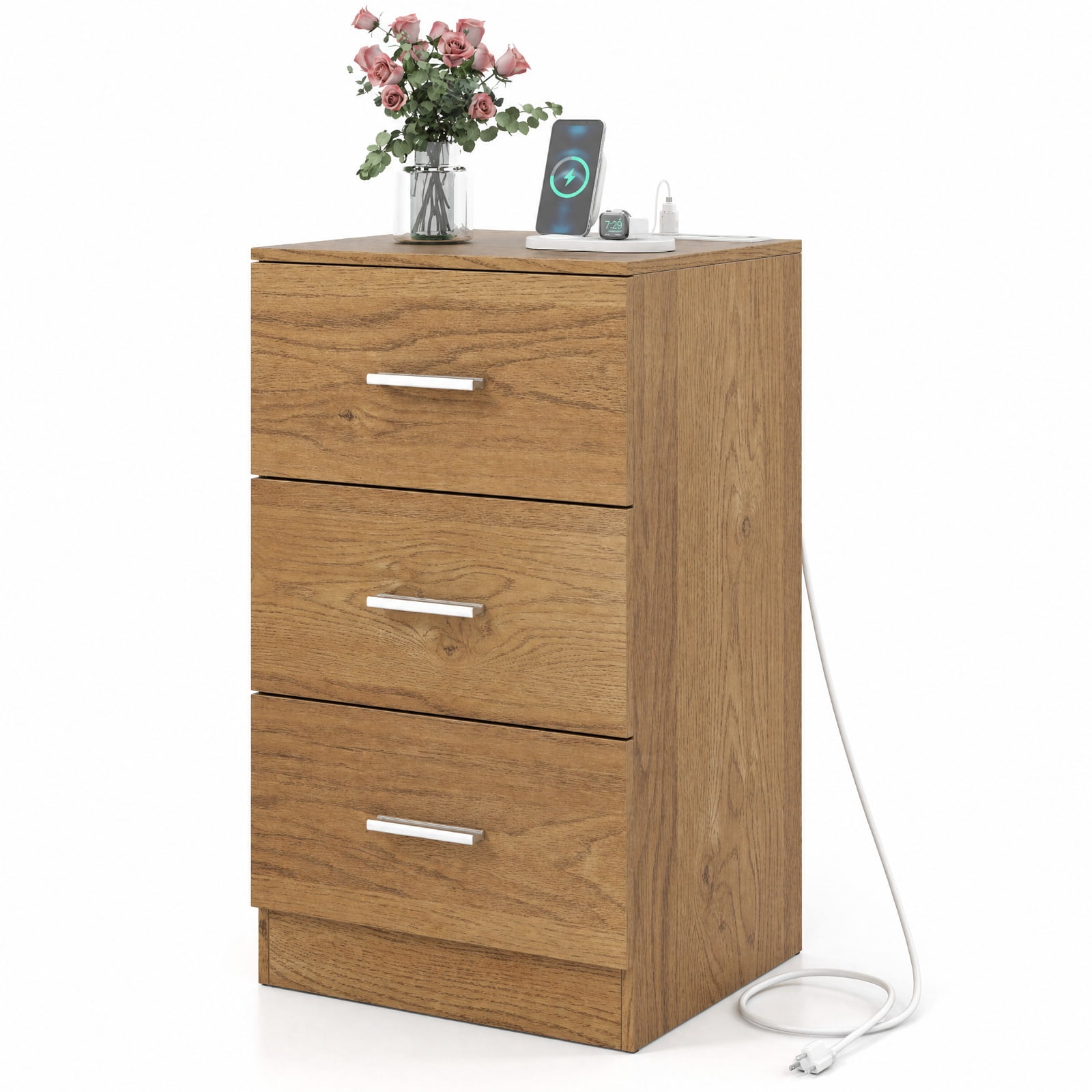 Furnibear Nightstand with Charging Station End Table with 3 Storage Drawers Bedside Table for Bedroom for Bedroom Living Room Bedside Sofa, Natural