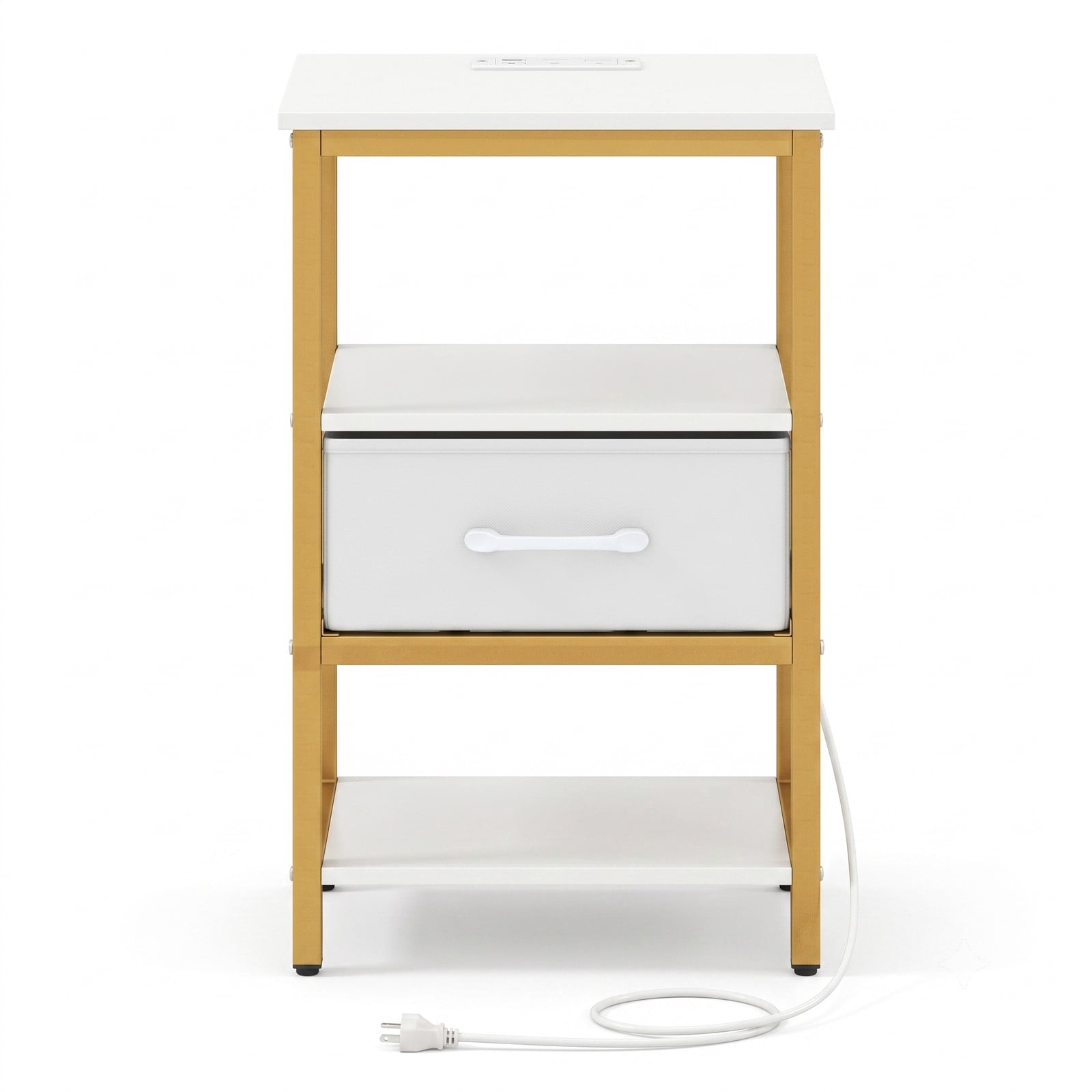 Furnibear Nightstand with Charging Station and Foldable Fabric Drawer and Open Shelves for Bedroom and Living Room, Bedside Table, White and Gold