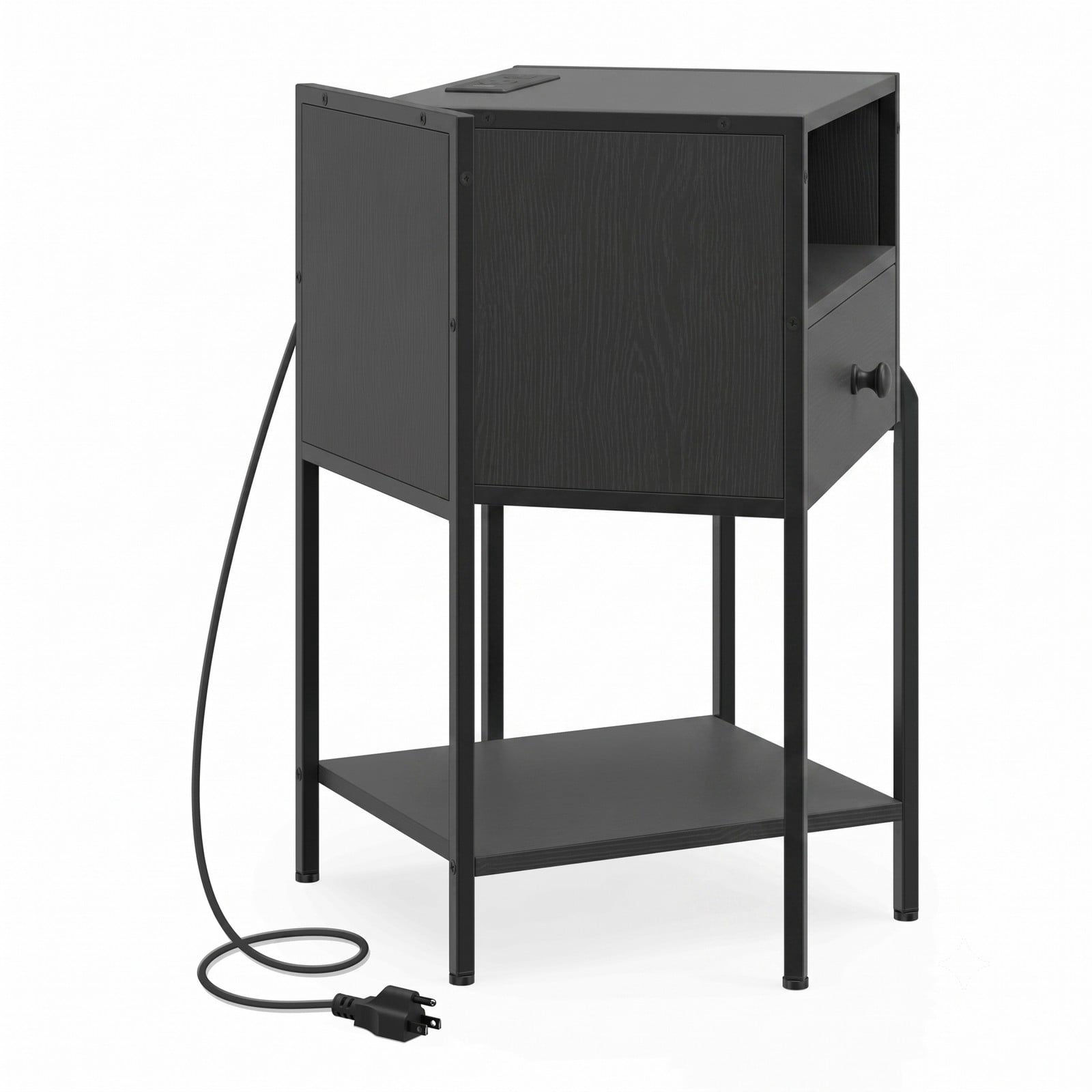 Furnibear Nightstand with Charging Station and USB Type-C Ports plus Drawer and Open Shelf for Bedroom and Living Room, Black