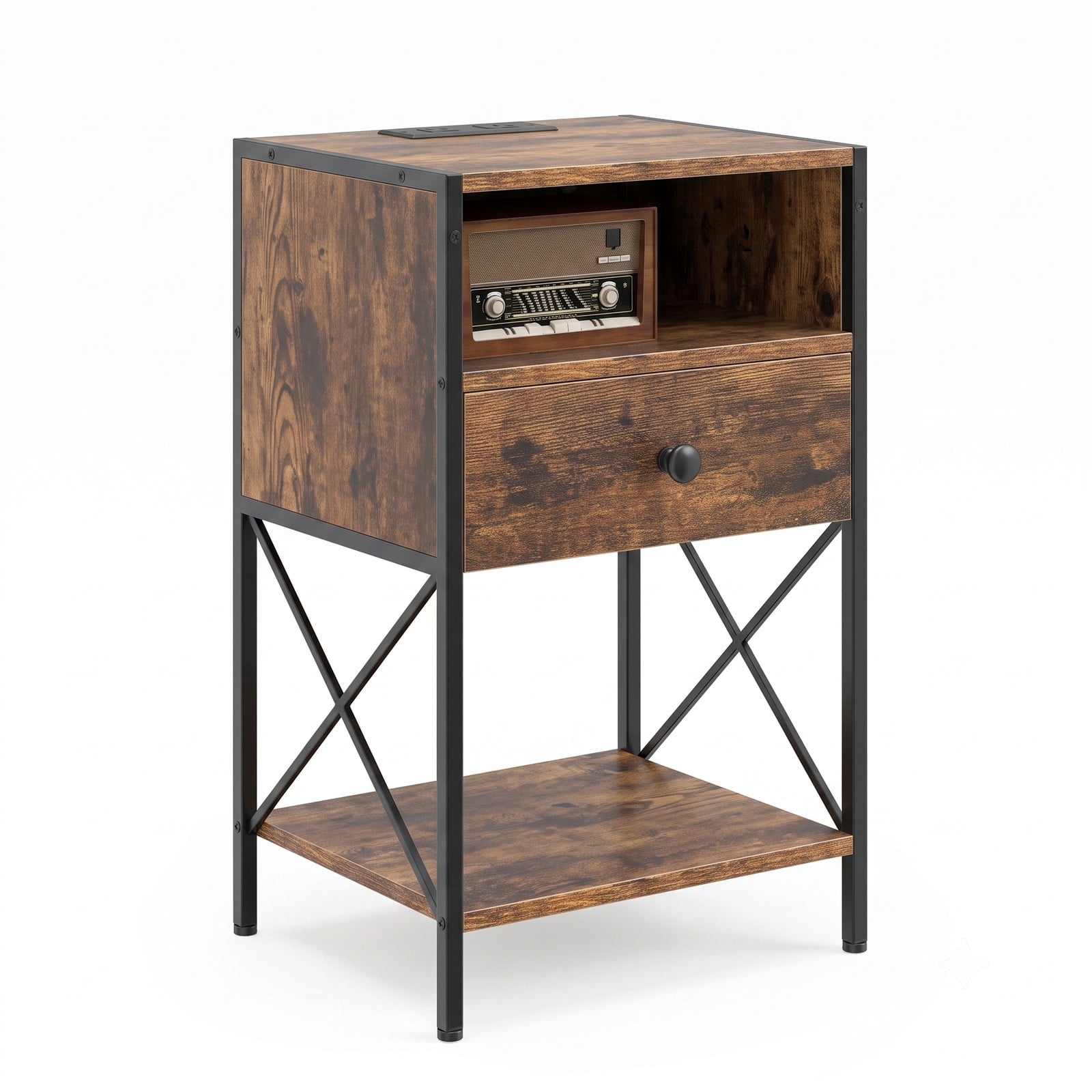 Furnibear Nightstand with Charging Station and USB Type-C Ports plus Drawer and Open Shelf for Bedroom and Living Room, Rustic Brown