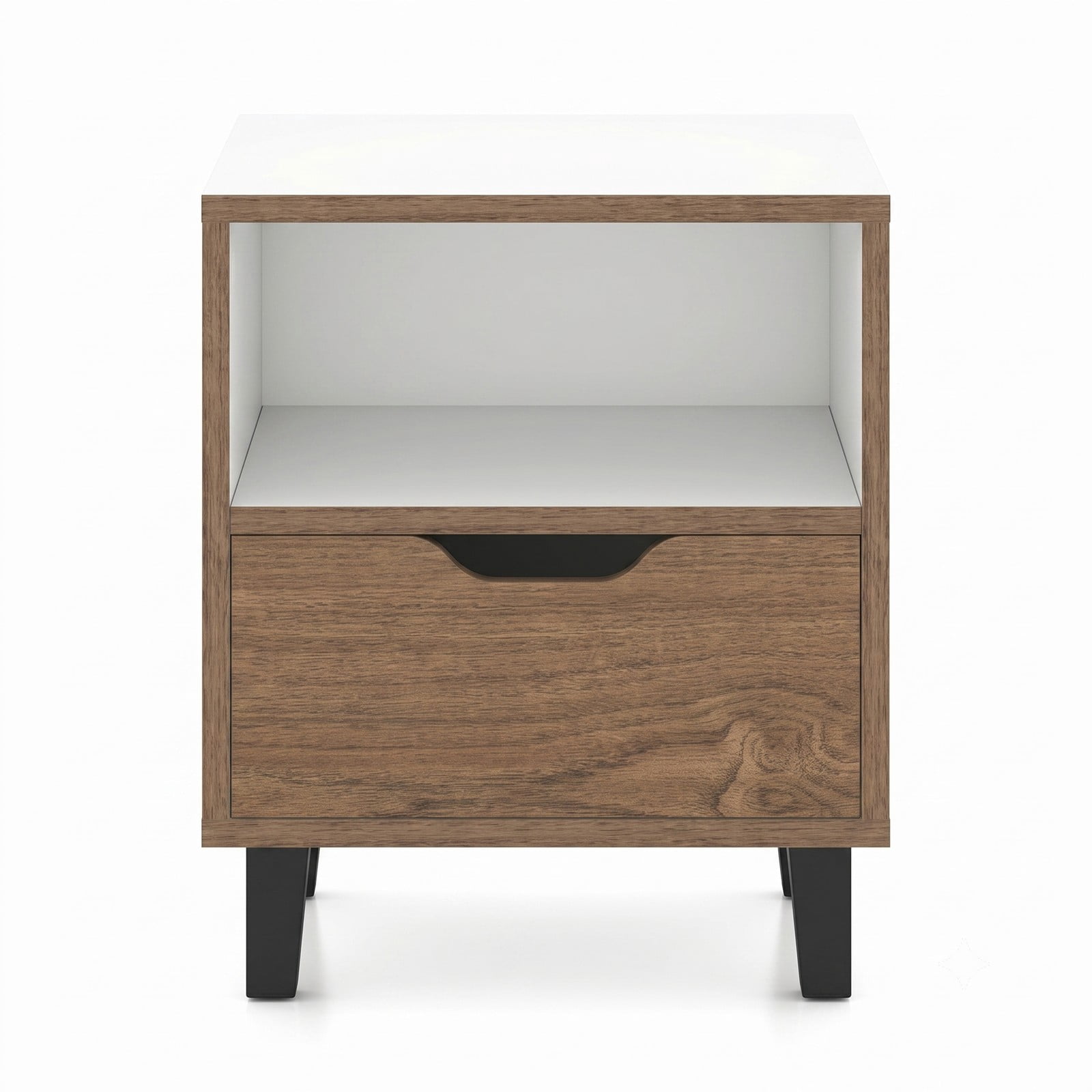 Furnibear Nightstand with Drawer and Open Storage Shelf, Two-tone Bedside Table with Metal Legs for Bedroom and Sofa Side, White