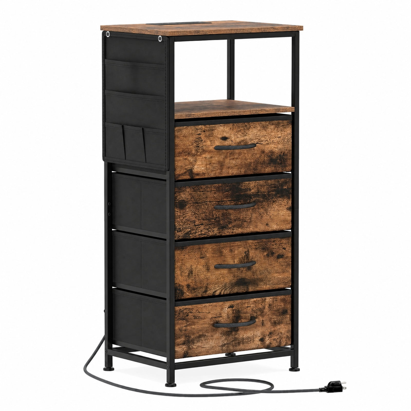 Furnibear 34-Inch Nightstand Dresser with Charging Station and 4 Fabric Drawers, Rustic Brown and Black