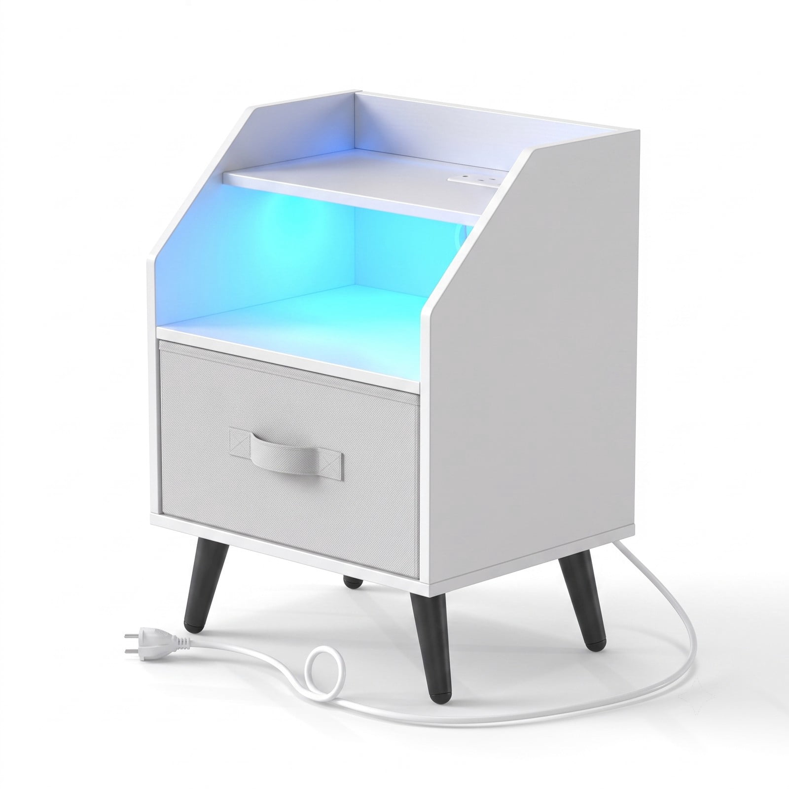 Furnibear Nightstand with LED Light and Charging Station and Fabric Drawer for Bedside Storage in the Bedroom and Living Room, White