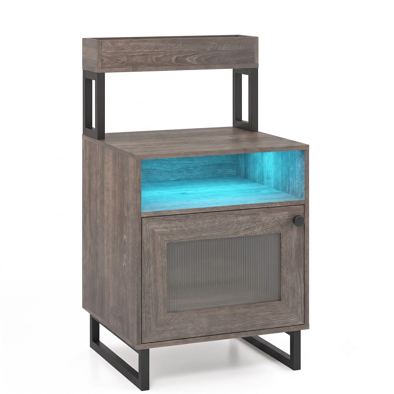 Furnibear Nightstand with LED Lights and Fluted Glass Cabinet Door plus Open Compartment and Raised Display Shelf for Bedroom and Living Room, Gray