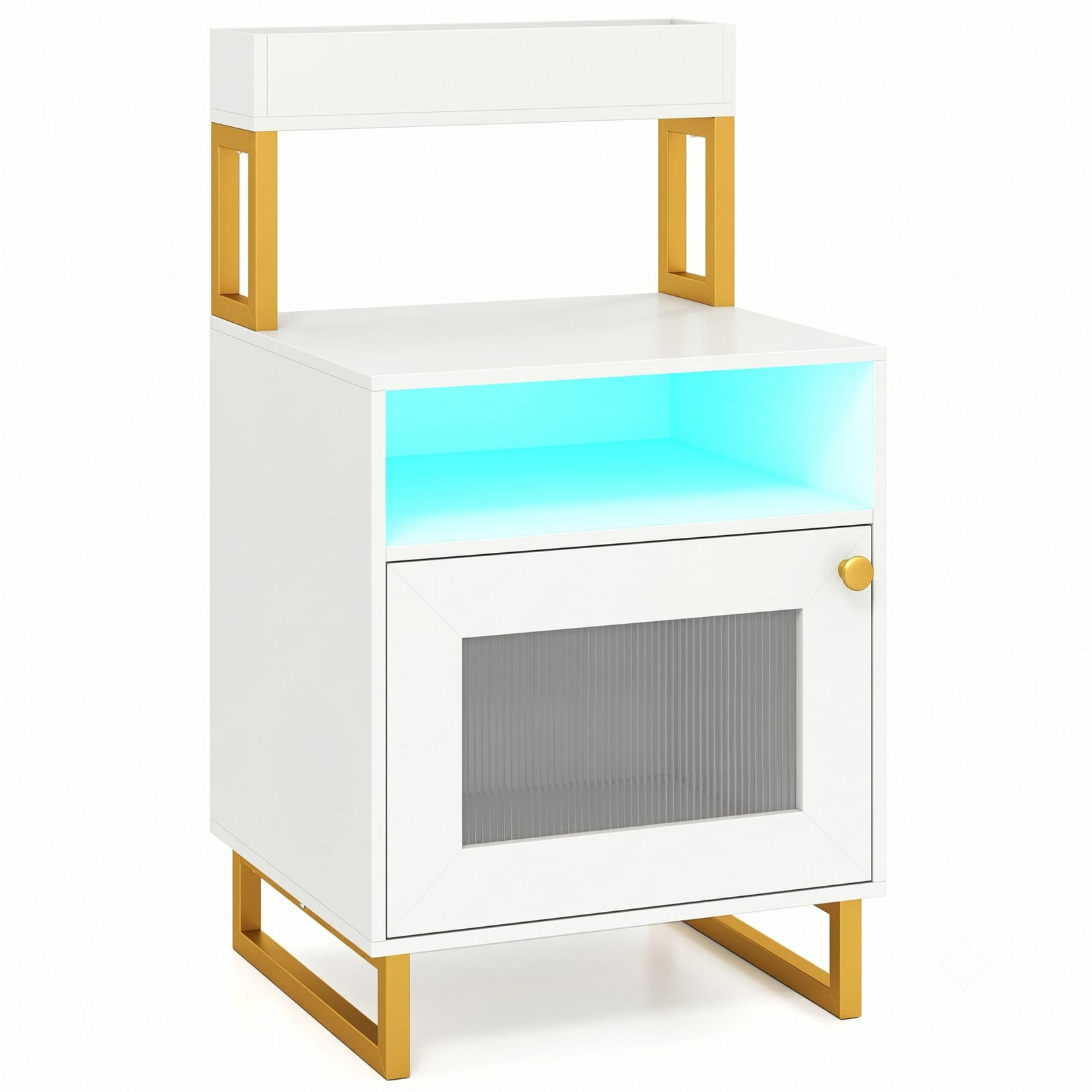 Furnibear Nightstand with LED Lights and Fluted Glass Cabinet Door plus Open Compartment and Raised Display Shelf for Bedroom and Living Room, White