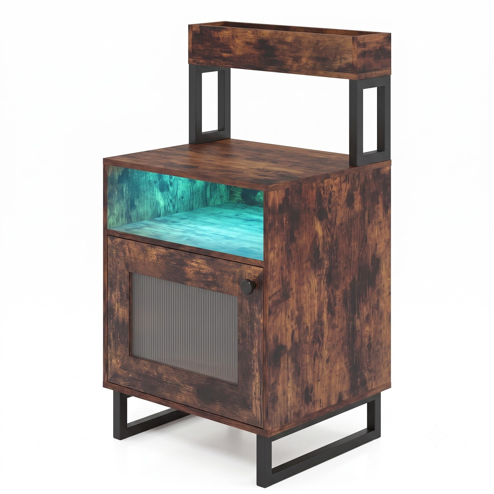 Furnibear Nightstand with LED Lights and Fluted Glass Cabinet Door plus Open Compartment and Raised Shelf for Bedroom, Rustic Brown