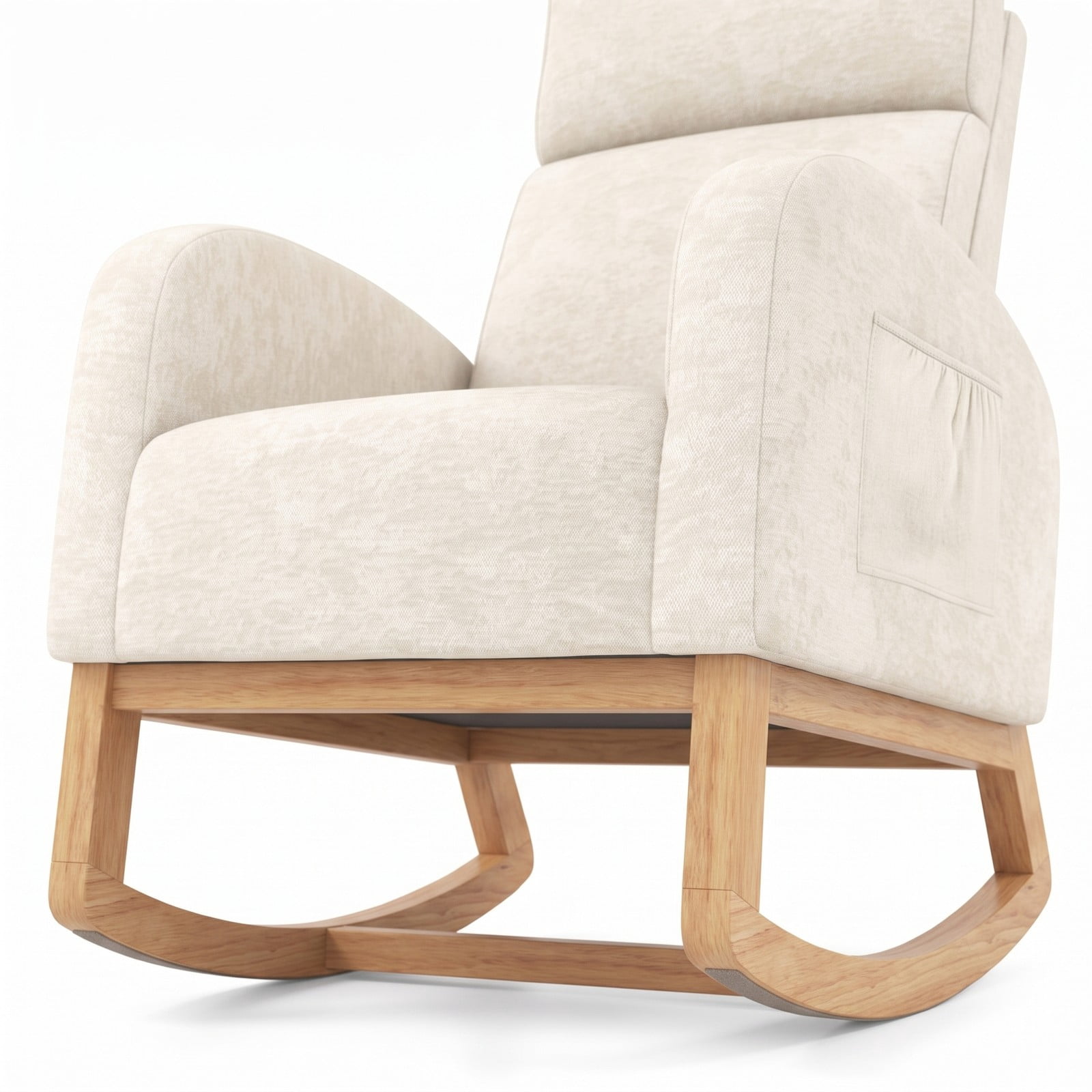 Furnibear Nursery Rocking Chair, Upholstered Chenille Rocker Armchair with Rubber Wood Frame, Ergonomic Glider Chair with Side Pocket for Living Room Bedroom, Beige
