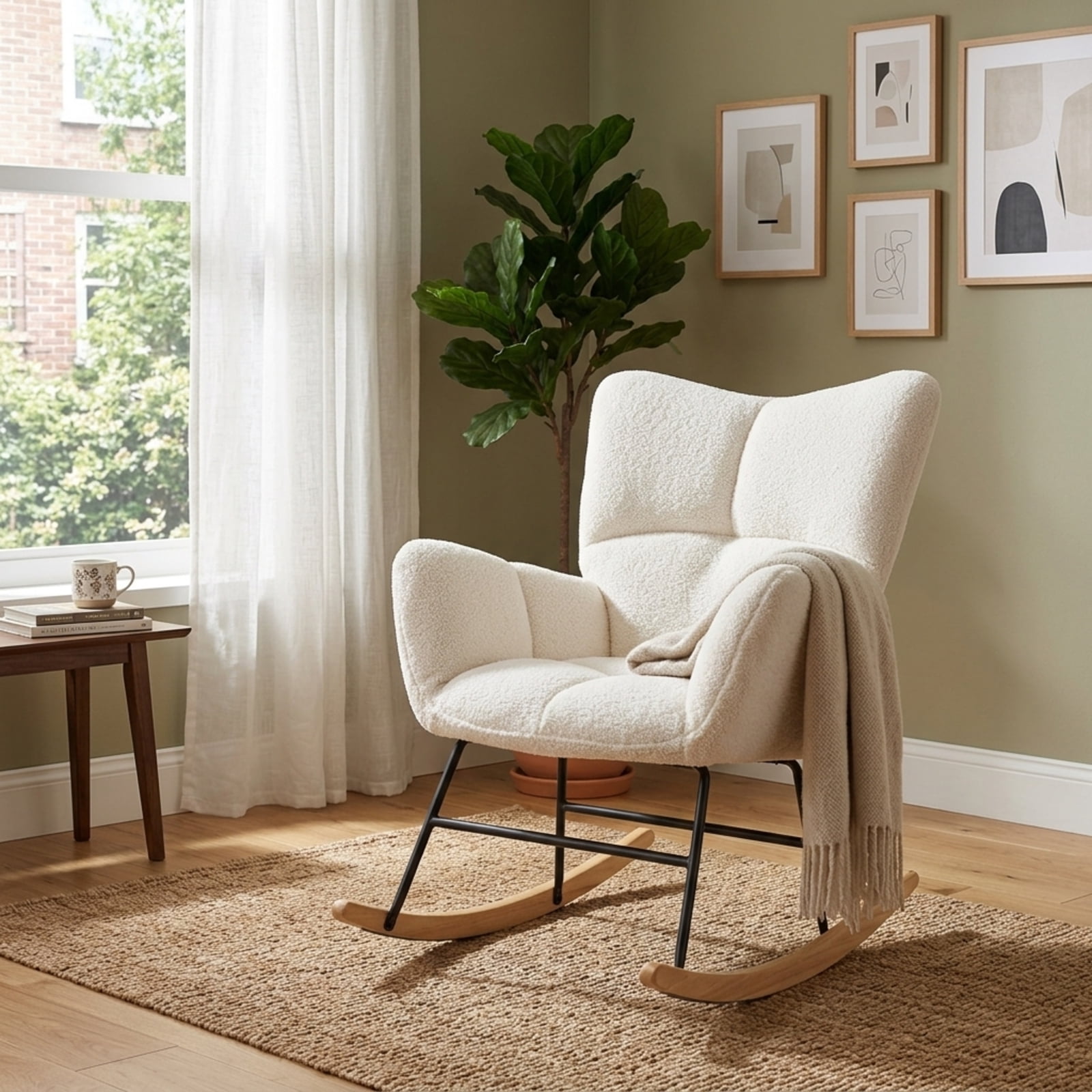 Furnibear Nursery Rocking Chair with Cozy Teddy Fleece Upholstery Wide Backrest Padded Armrests and Anti-Rollover Base for Nursery Room, Beige