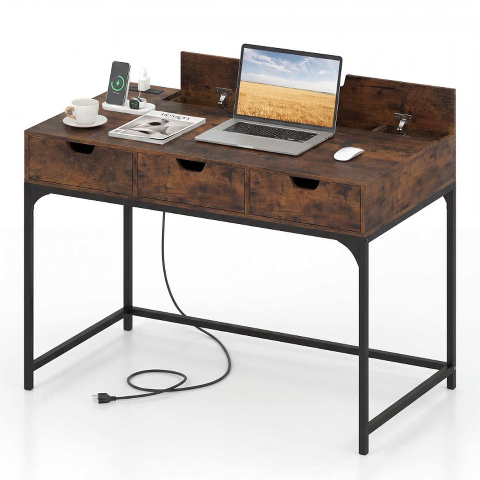 Furnibear Office Desk with Power Outlets and Hidden Compartment Drawers for Home Office Study Computer Desk with Charging Station, Rustic Brown